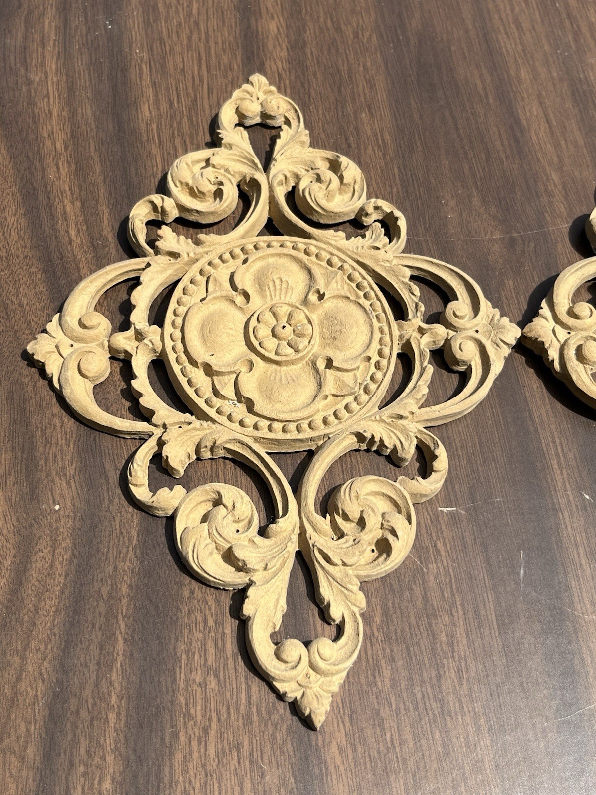 Natural Wood Leaf Scroll Carved Flower Appliqué Furniture Pair