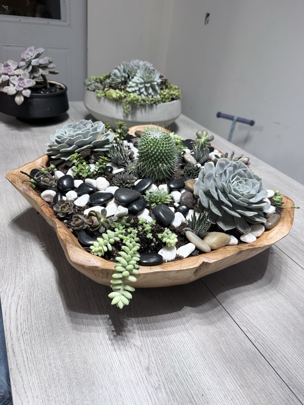 Succulent Plant Arrangement Artificial, Rectangular Wood Pot, Table Centerpiece