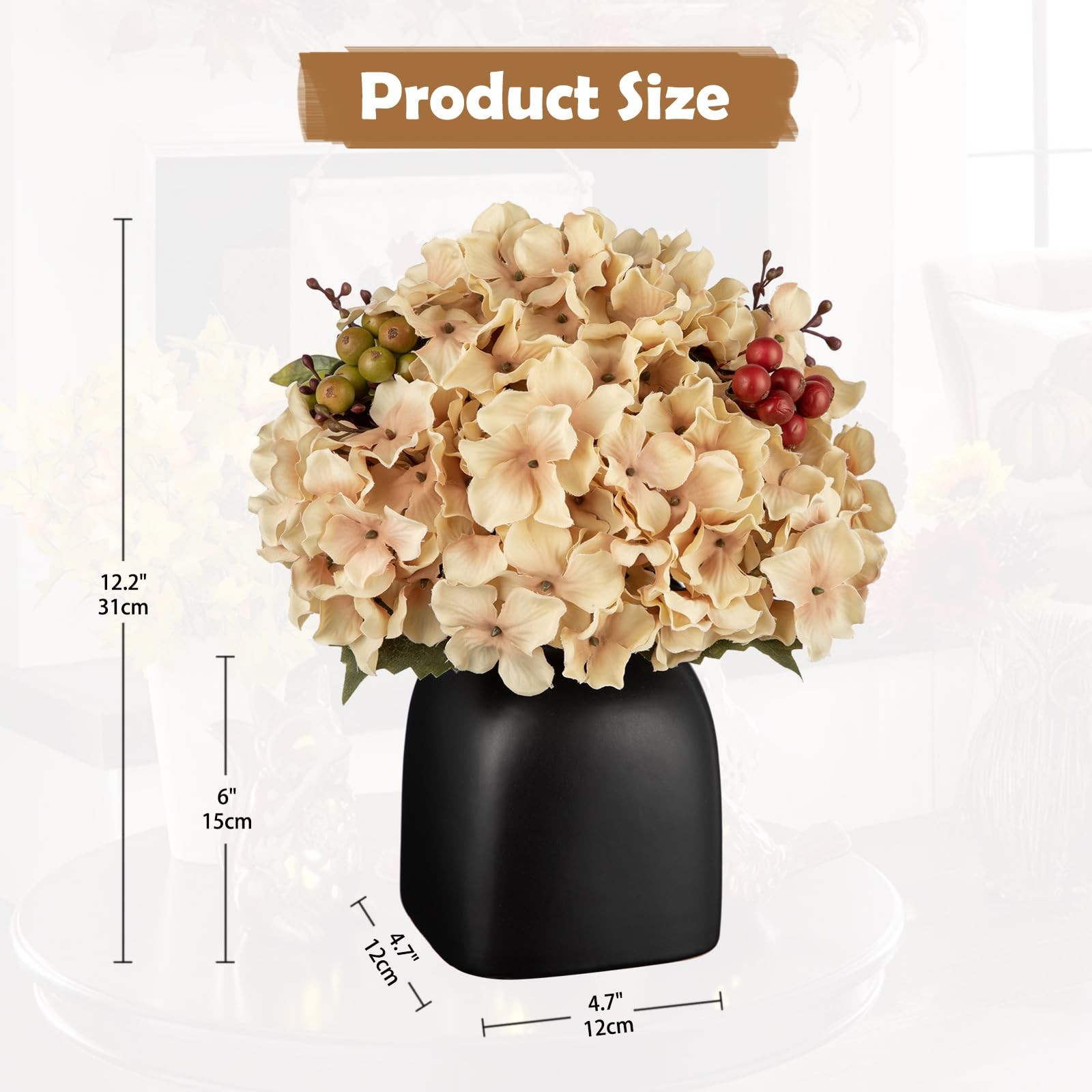 Hydrangea Artificial Flowers in Ceramic Black Vase, Beige Silk Hydrangea Cent…