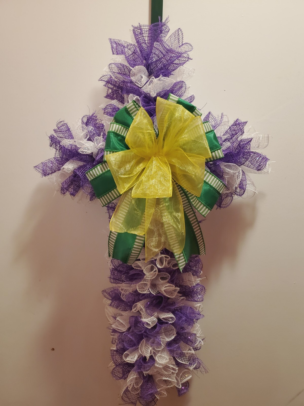 18in Handmade Purple and White Deco Mesh Cross Wreath with Green and Yellow Bow