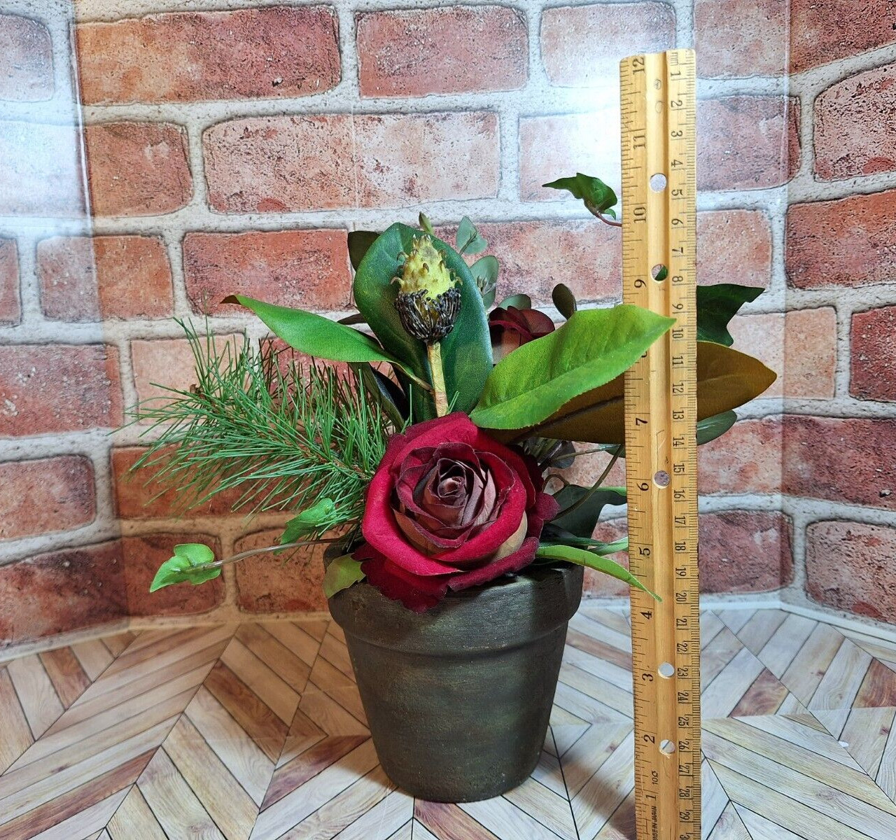 Faux Mixed Floral Arrangement W/Red Roses Rustic felt bottom Pot, Stunning!