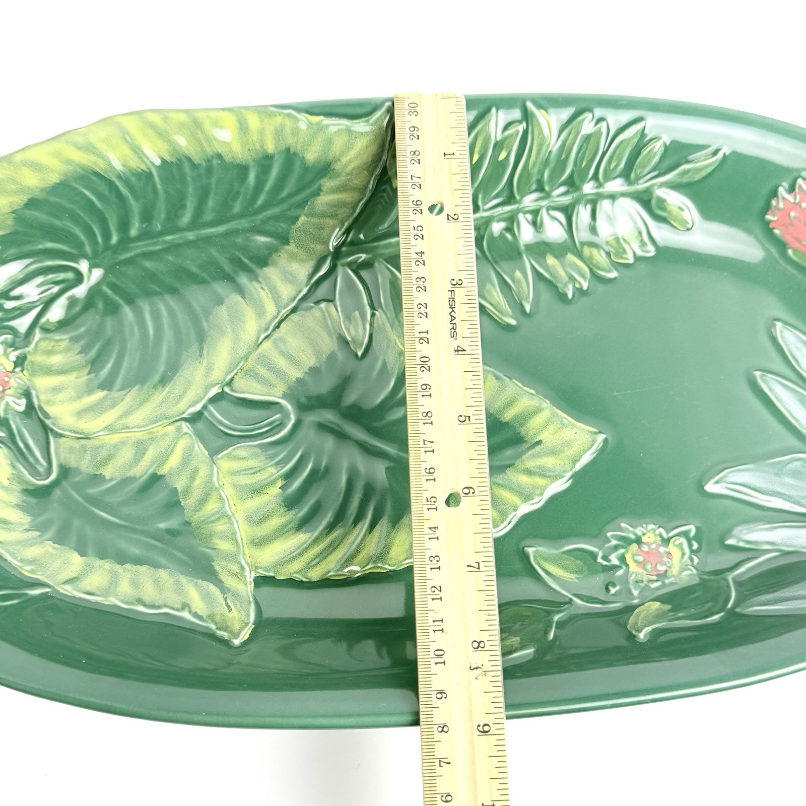 Opalhouse MAIOLICA STONEWARE GREEN LEAF FLORAL Decorative Tray 18″X9″ Handles