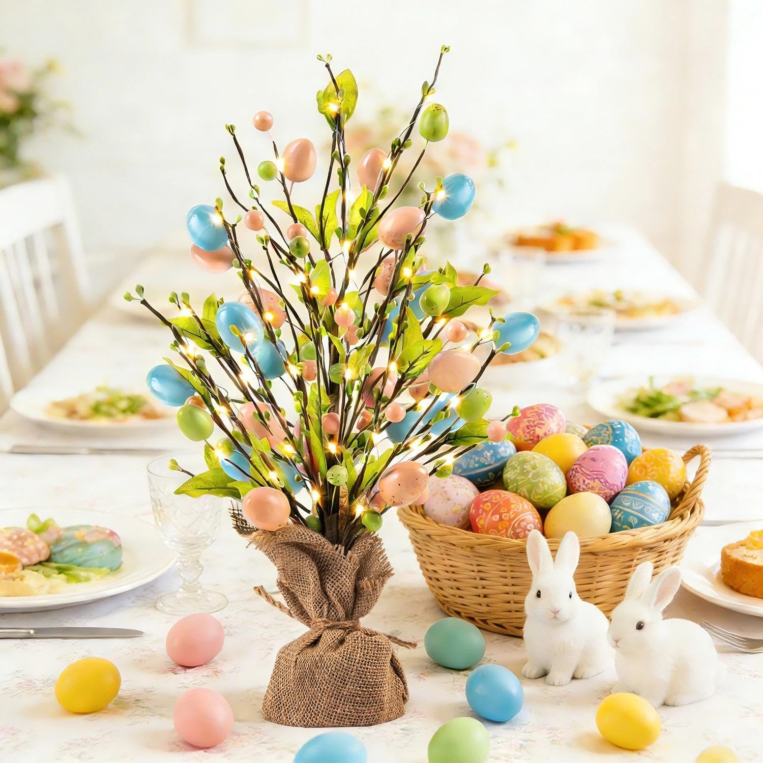 Easter Egg Table Tree Decor 18 Inch Pearl Tree With Hanging String Lights