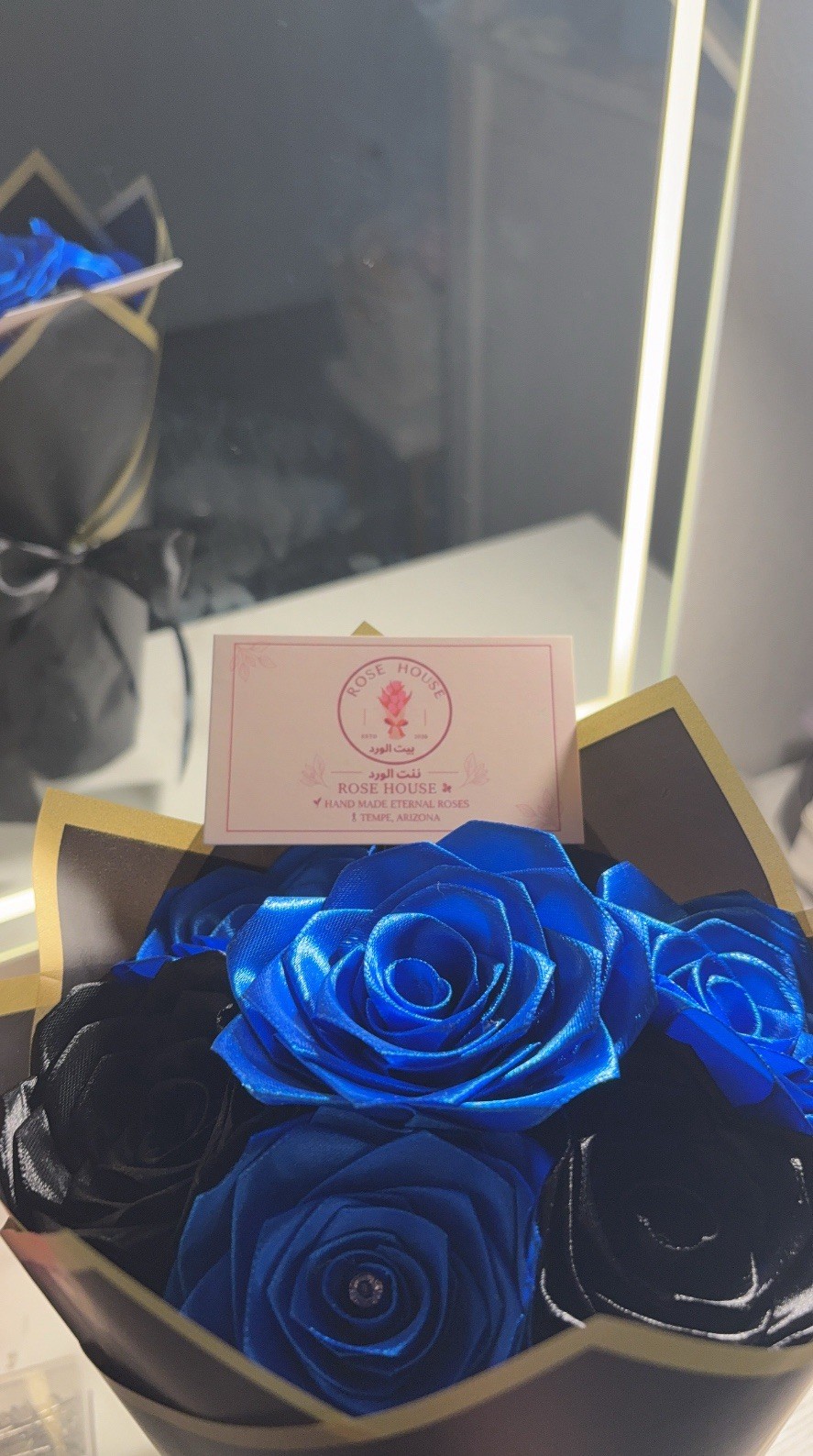 Blue and Black eternal ribbon rose bouquet
