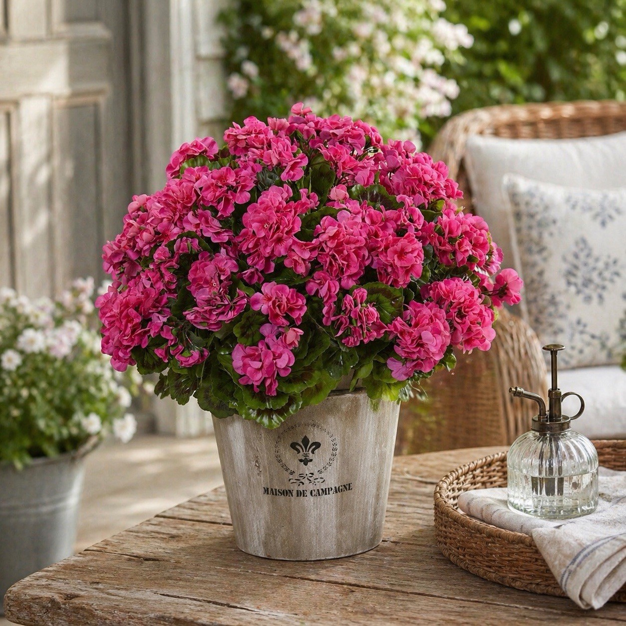 22” Artificial Geranium in Farmhouse Planter UV Resistant (Indoor/Outdoor)