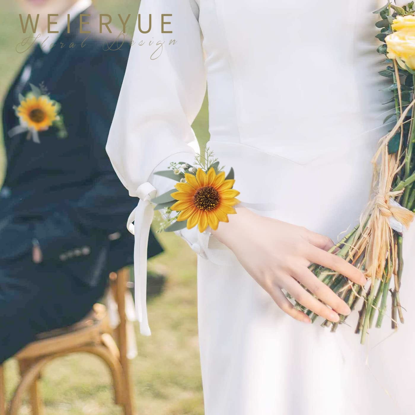 Sunflower Wrist Corsage Set for Weddings and Parties 2pcs Floral Accessory