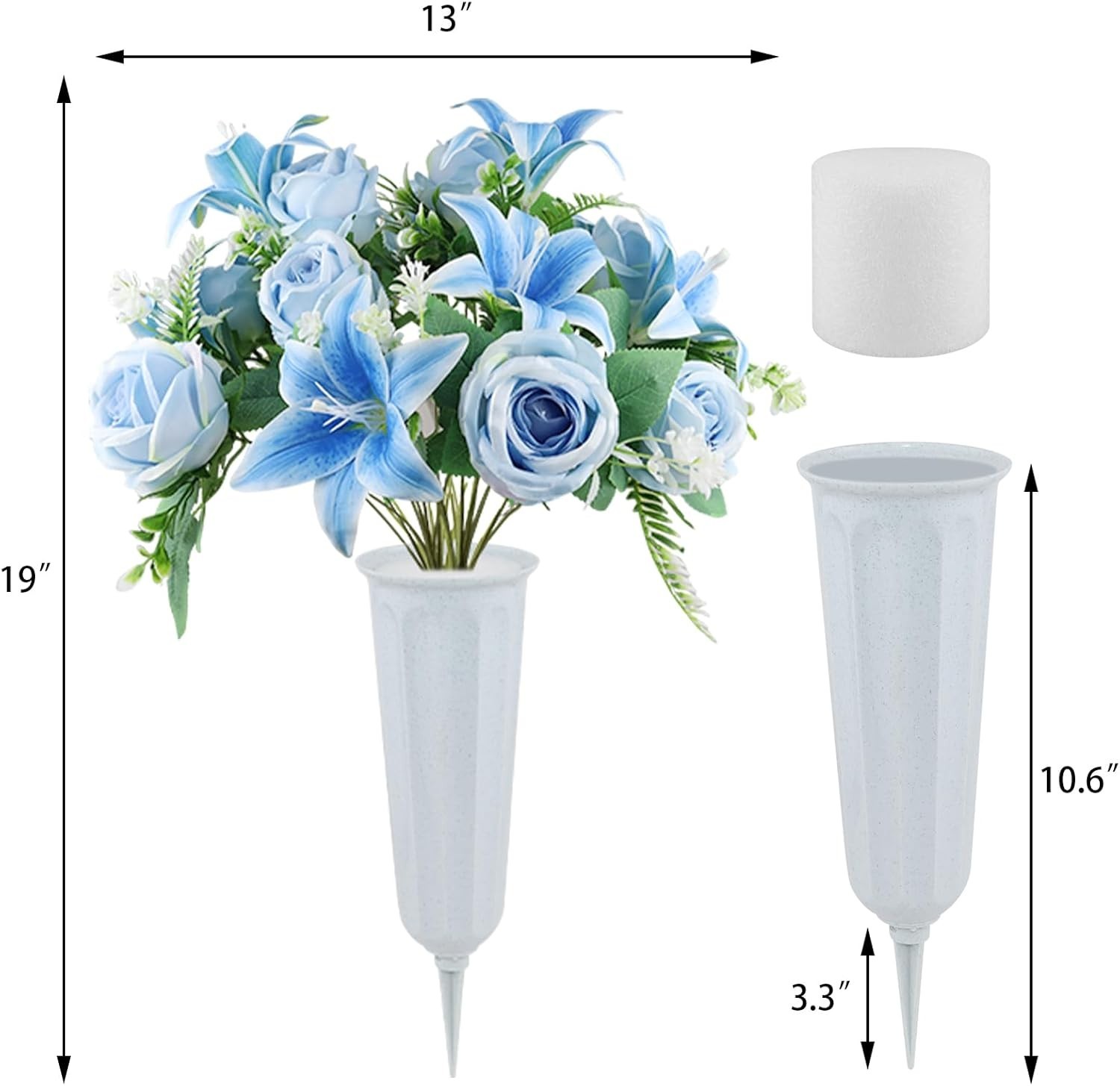Artificial Cemetery Flowers 2 Set Lilies Roses Mixed Blue Silk with Vases