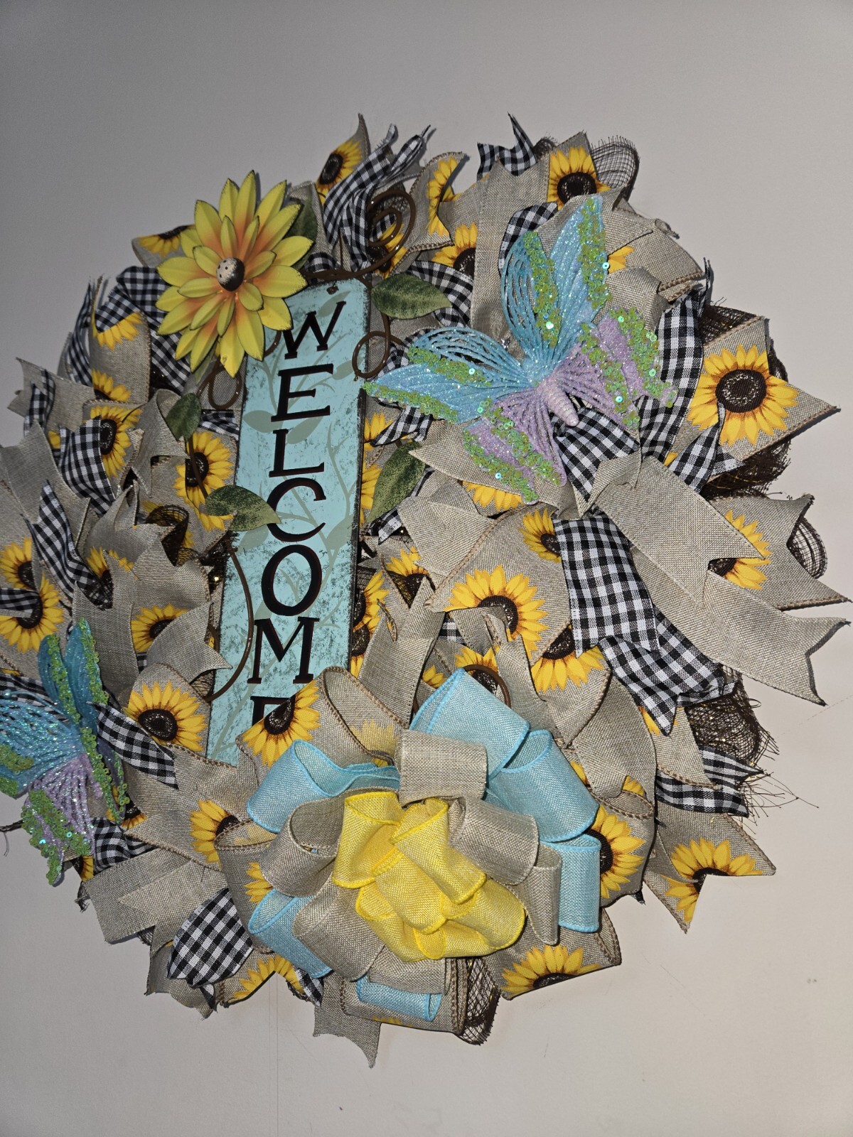 WELCOME Spring Summer Fall Front Door Wreath Wall Decor big Sunflower Butterfly