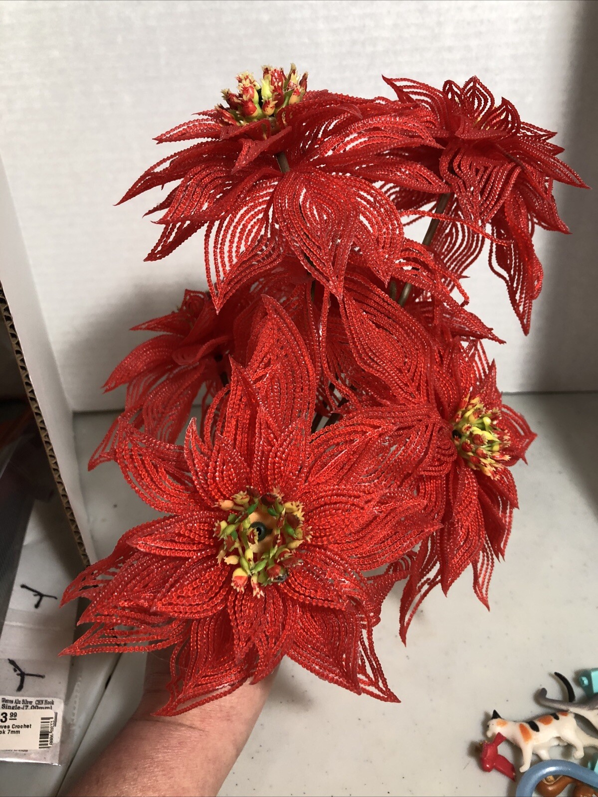 vntage poinsettia plastic foilage stems floral picks artificial Flaw