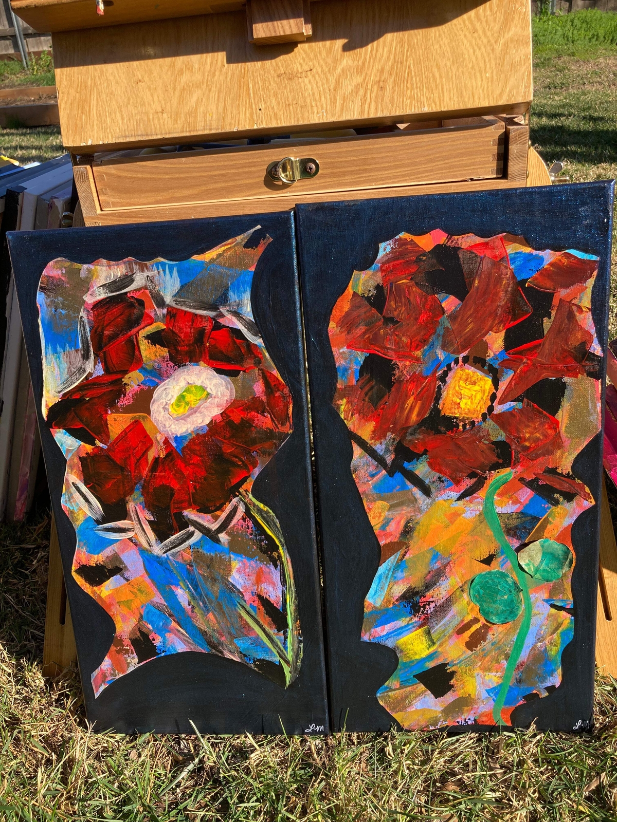 Roses on Black with Eucalyptus, Set of 2 Original Acrylic Scrape on Canvas 10×20