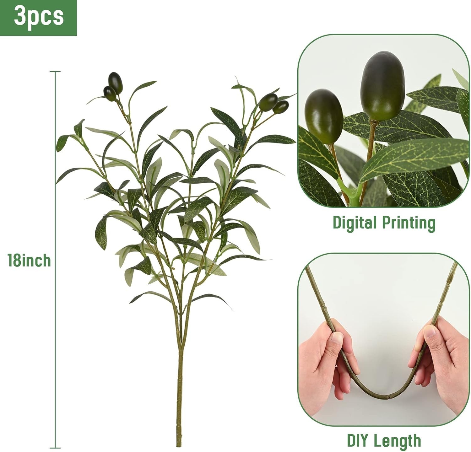 18-Inch Faux Olive Branches – Lifelike Olive Decor for Stylish Vases – Set of 3