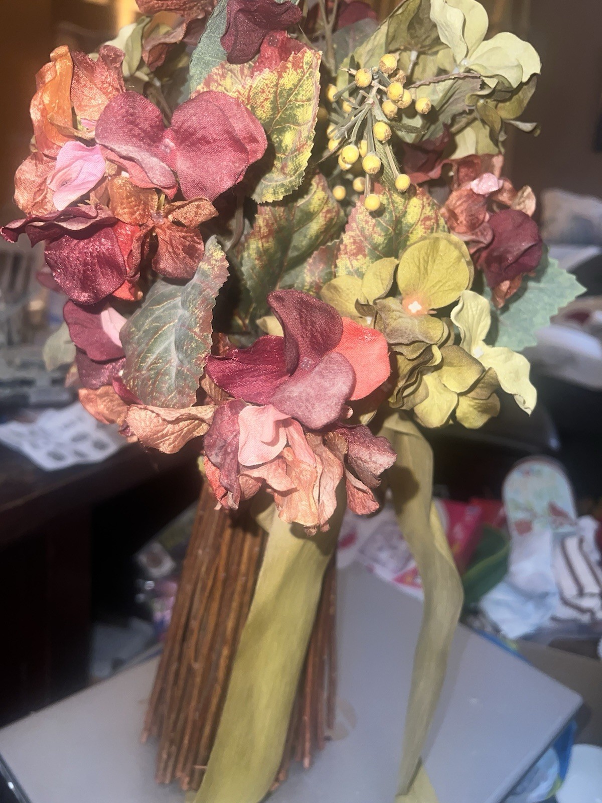 Artificial Hydrangea Bouquet w/Stick Style Vase, Mix Of Cream, Burgundy, & Green