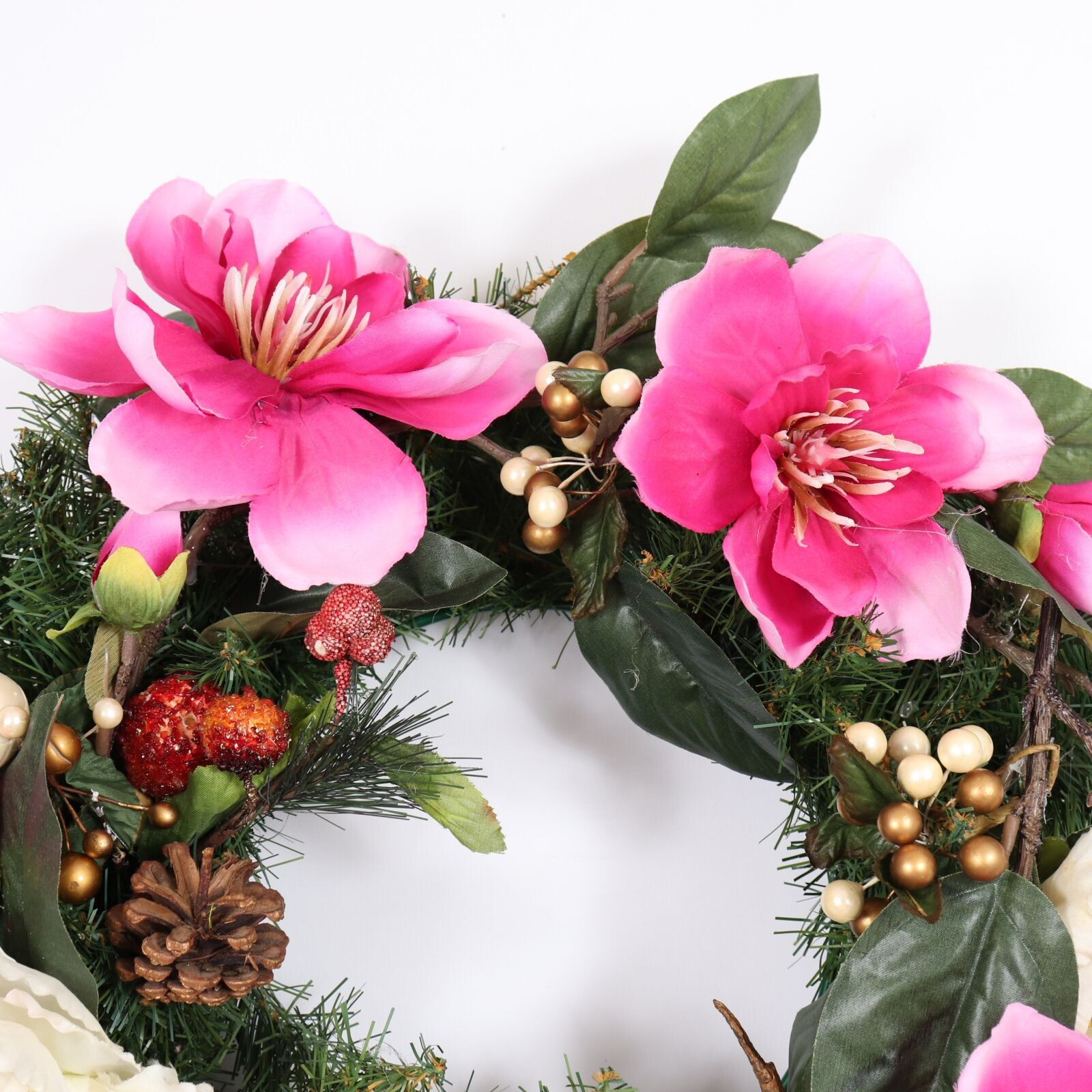 Christmas Holiday Wreath in Pinks and White with Pearls and Gold Balls #2