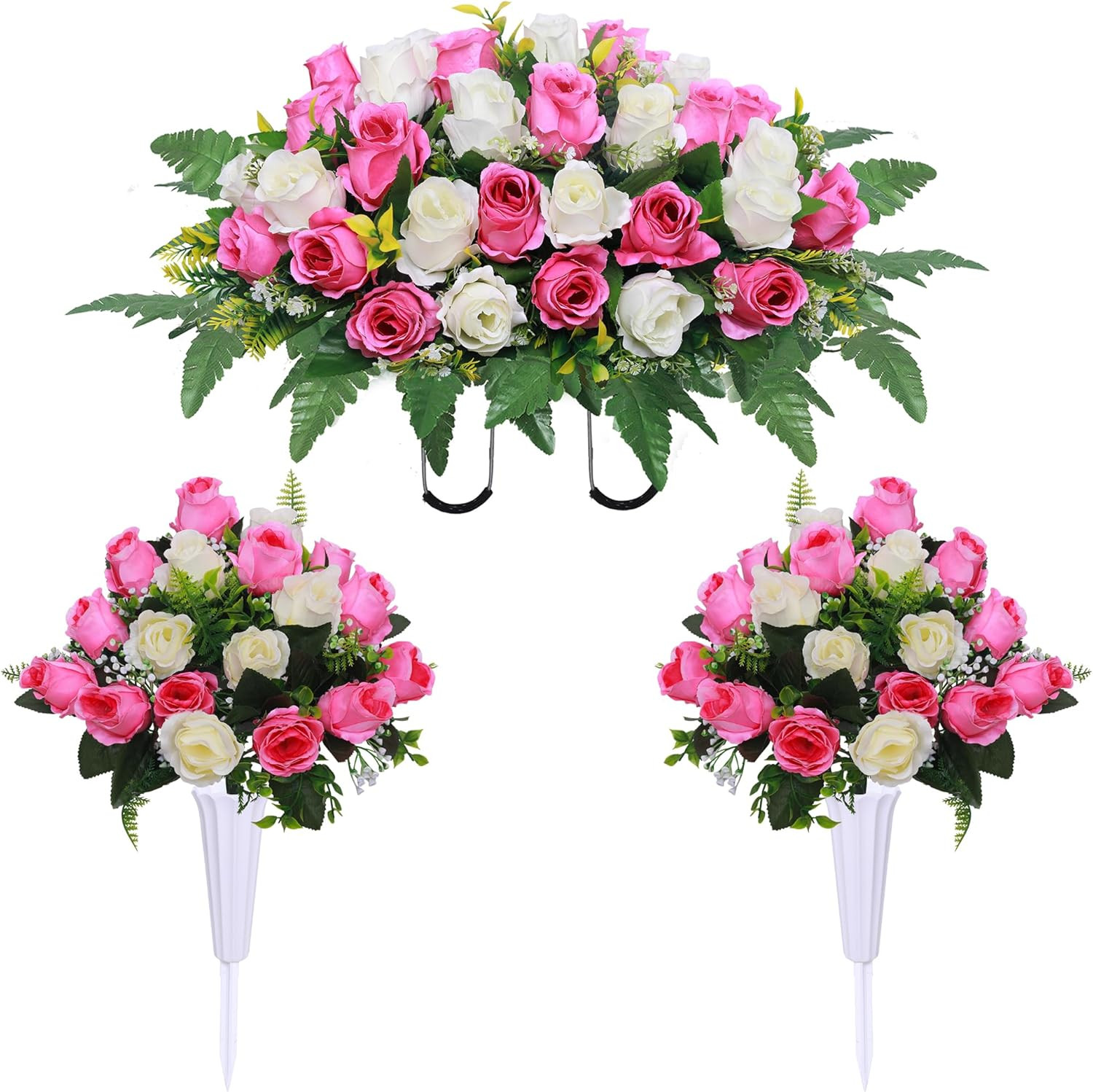 3 Pcs Artificial Cemetery Flower Saddles, Rose Headstone Flower Saddle,Cemetery