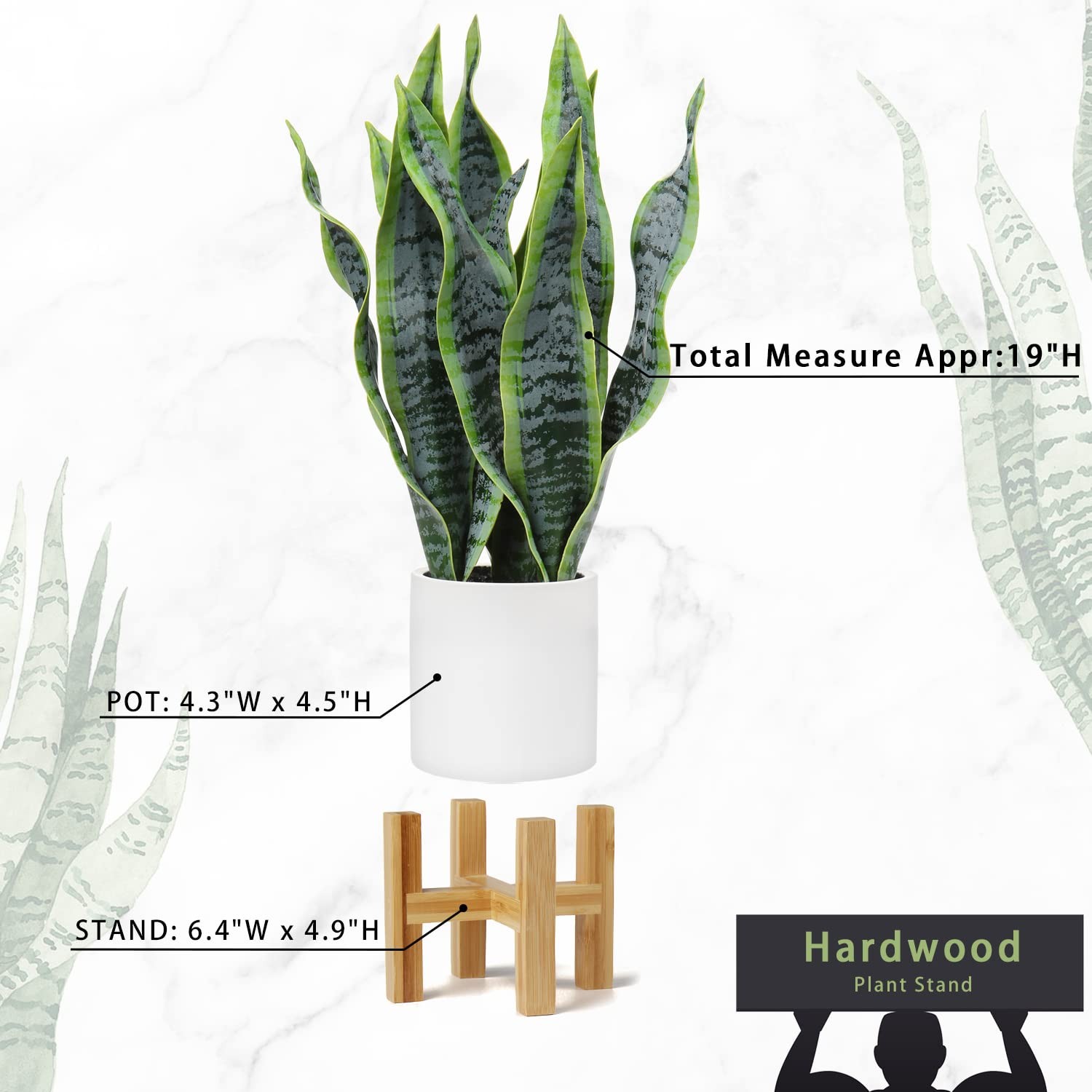 19″ Artificial Snake Plant in White Ceramic Pot with Solid Wood Stand Faux