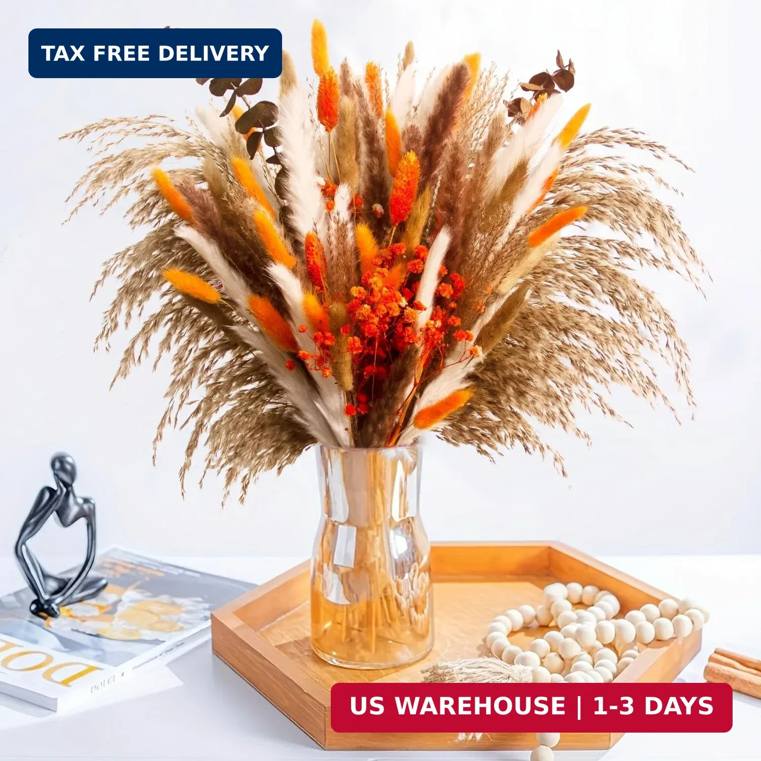 80PCS Orange Dried Pampas Grass Bouquet, 17 Inch, Bunny Tail Reed Grass & Eucaly