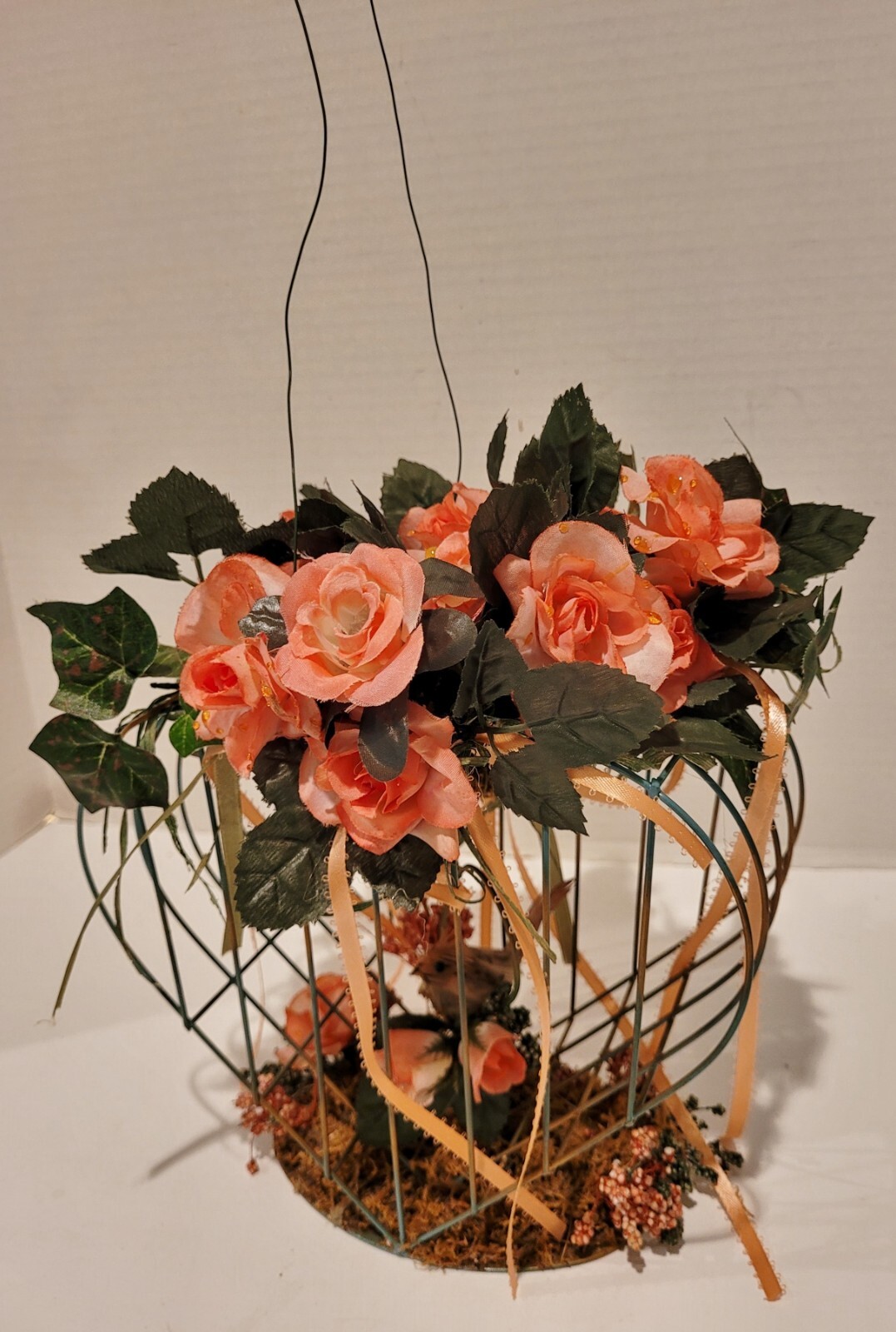 Handcrafted Mothers Day/Spring Arrangement in Green Metal Birdcage~w/Bird~9.5″T