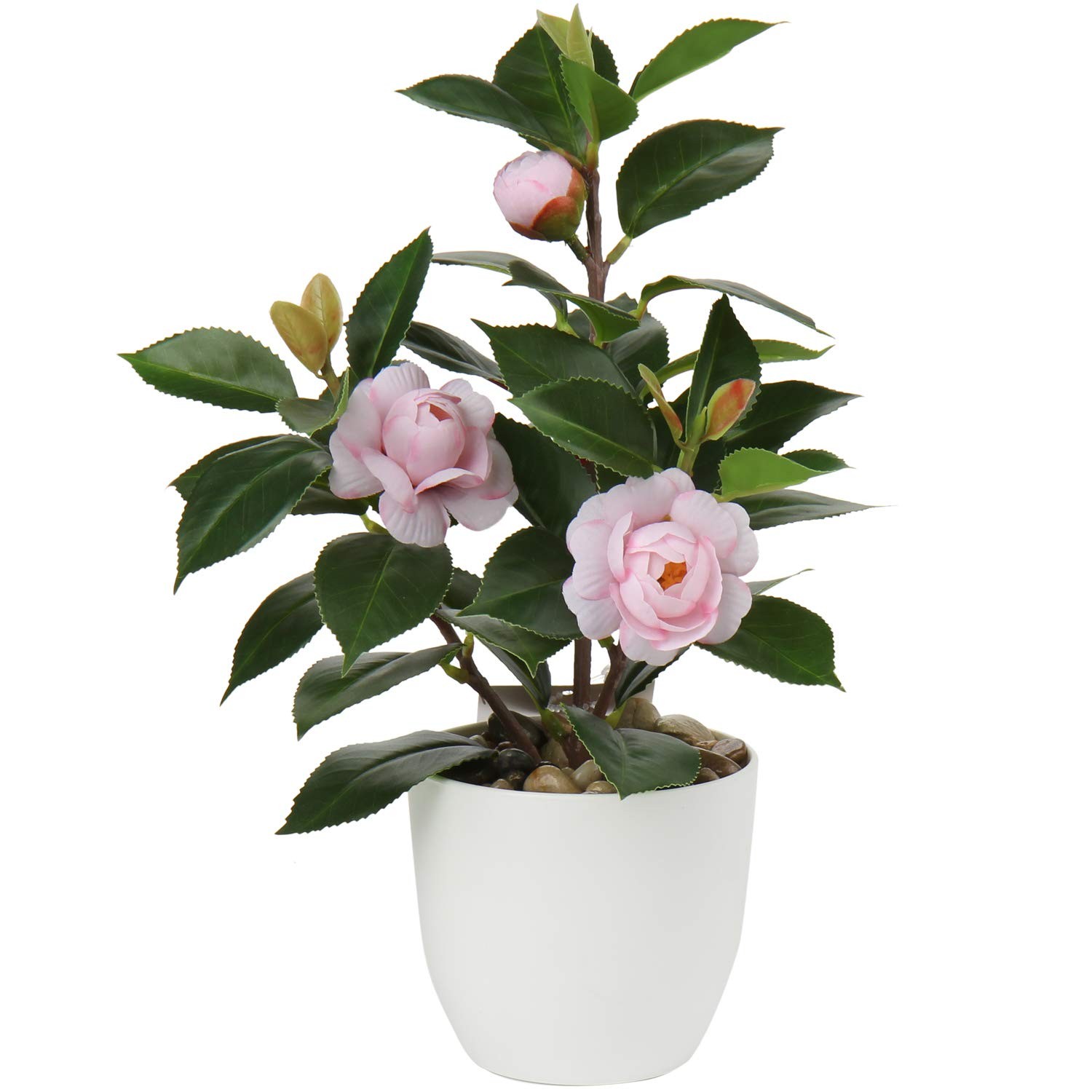 Mini Camellia Potted Artificial Plants Small Faux Plastic Flowers w/ Vase