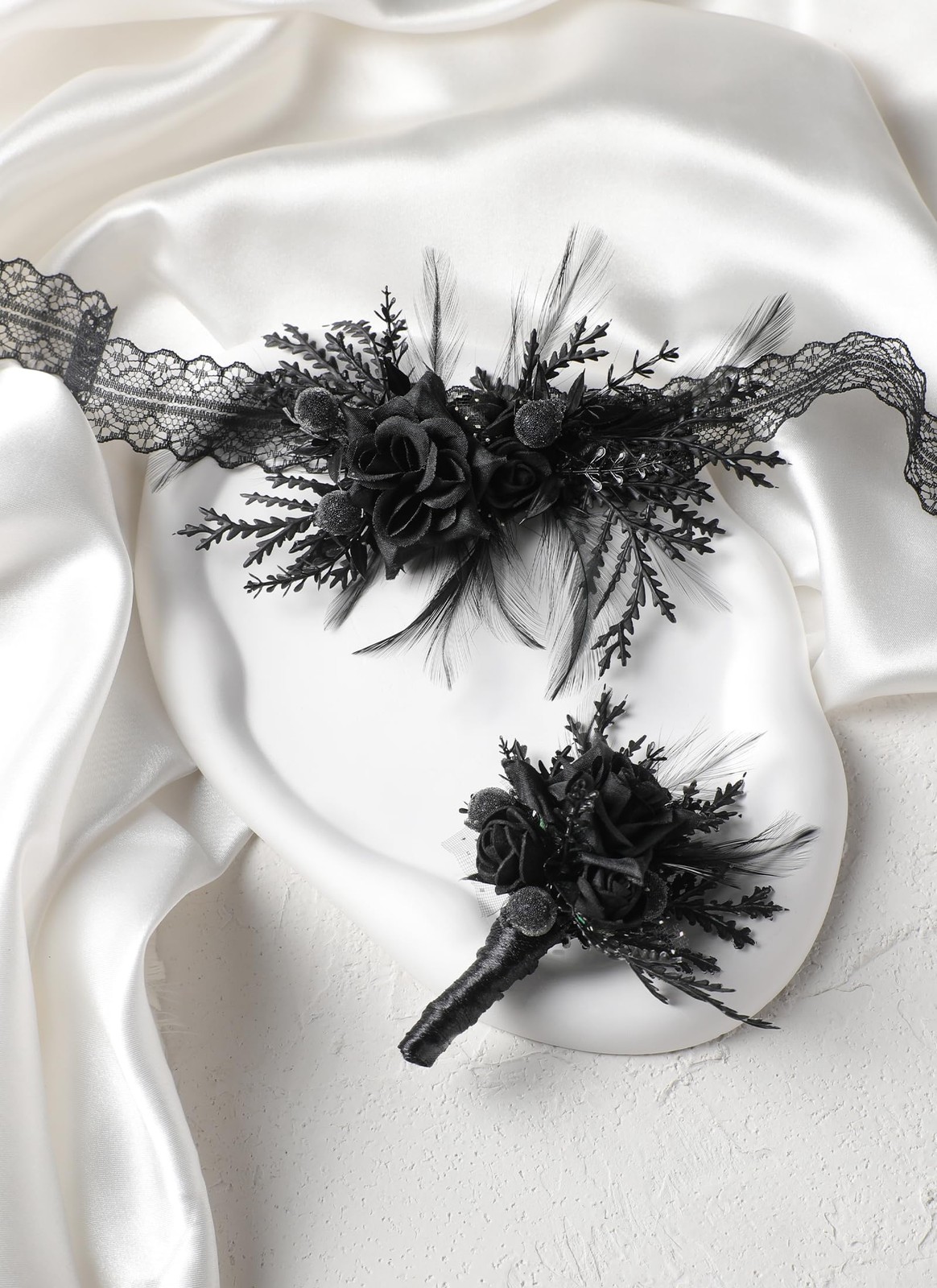 Black Gothic Wedding Corsage Boutonniere – Dark Rose Boutonniere Wrist Corsag…