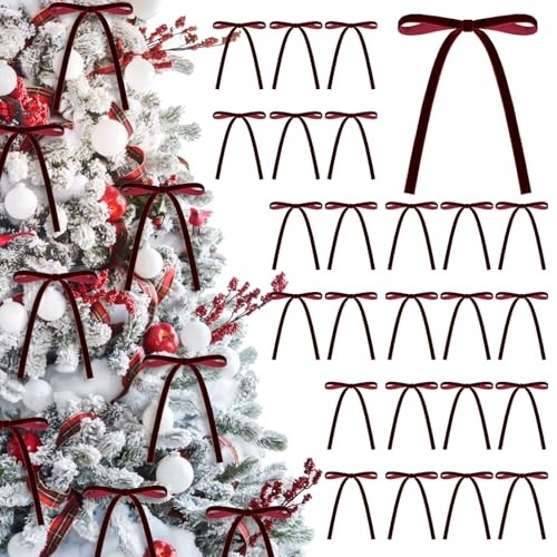 24 Pcs Velvet Christmas Bows 5 x 7 Inch Rustic Velvet Small Ribbon Wine Red