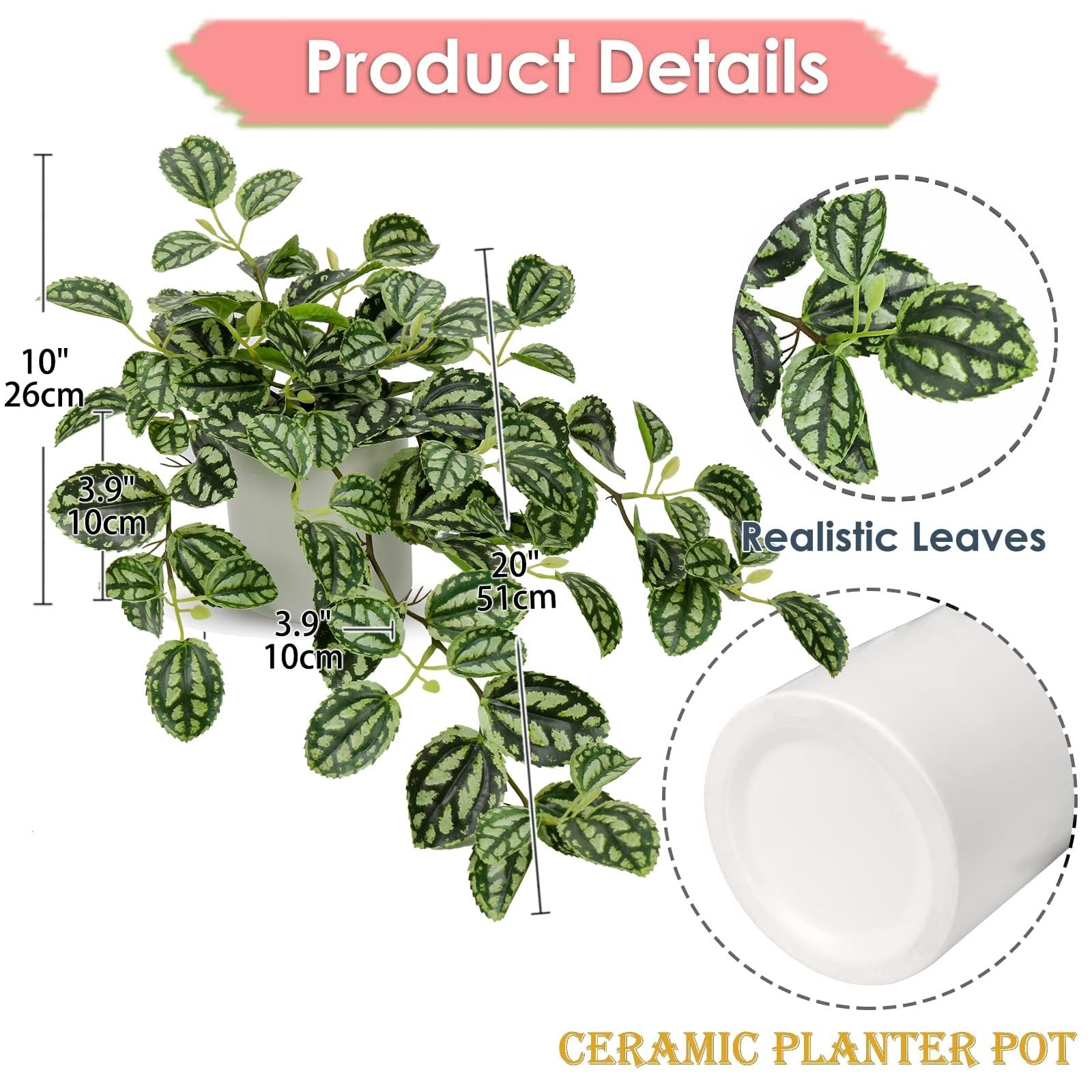 Fake Plant, Silk Faux Pothos Ivy Pink Plant Indoor Green