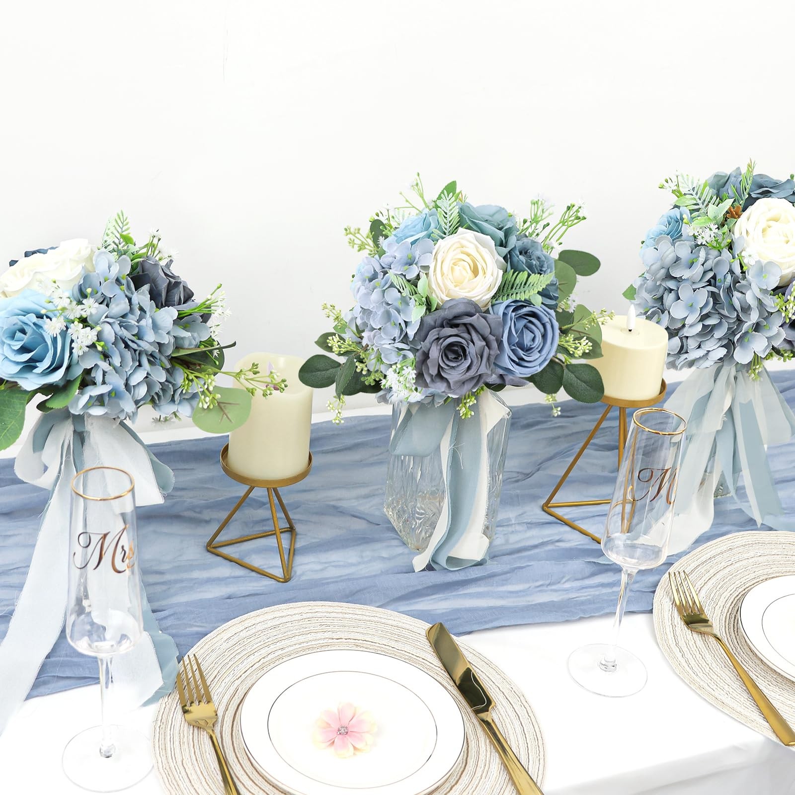 Bridesmaid Bouquets Wedding 1 Pack 9 Inch Artificial Flowers Dusty Blue White