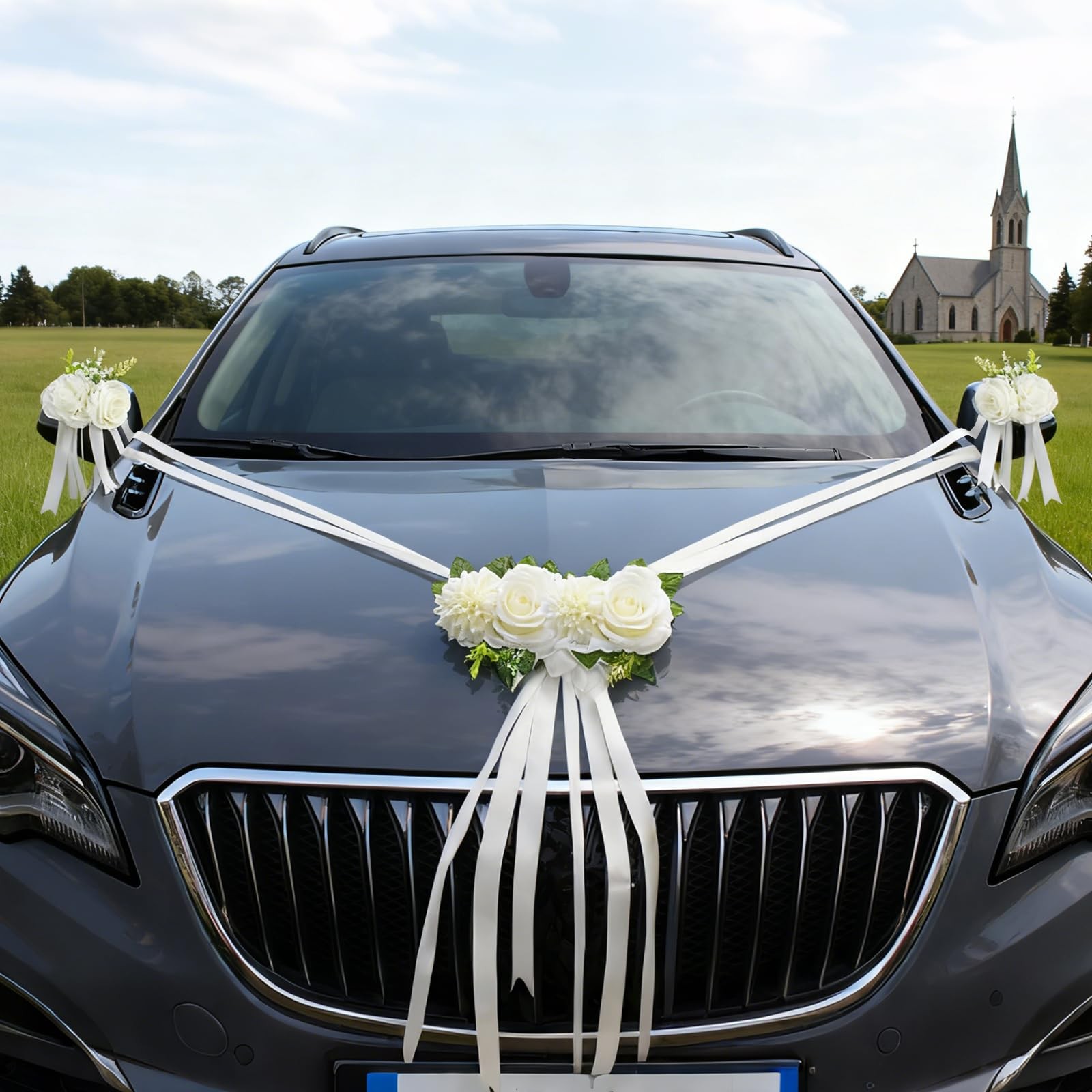White Wedding Car Decoration Kit Floral Hood Arrangement Side Mirror Flowers