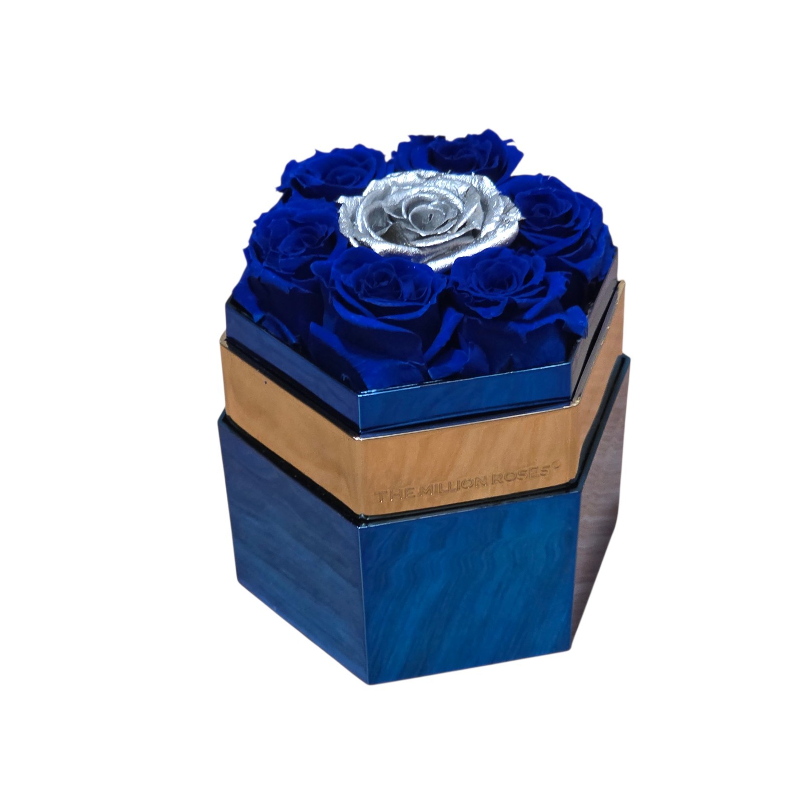 One in a Million Mirror Blue Hexagon Box Dark Blue & Silver Roses 3″ x 4″
