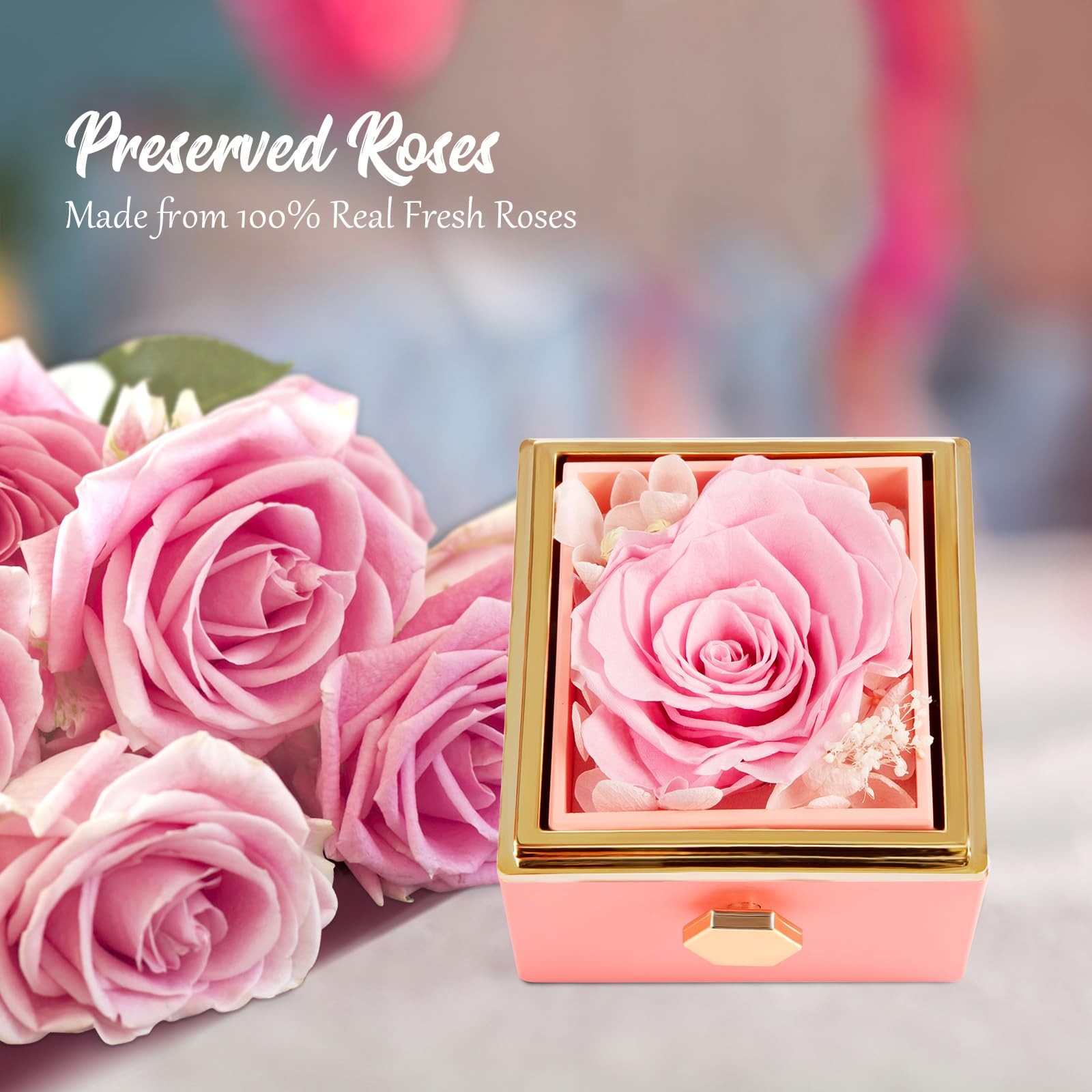 Preserved Real Pink Forever Rose Rotating Box with I Love You Necklace 100 La…