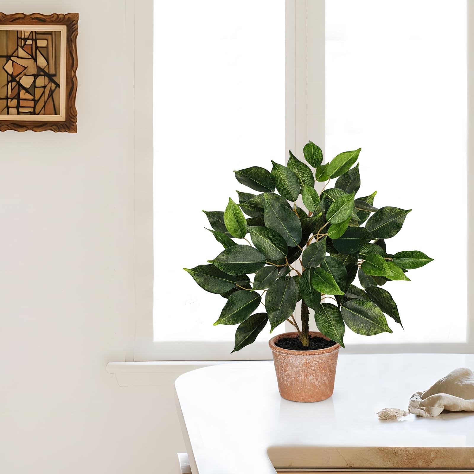 Small Artificial Ficus Banyan Tree Silk Plant Terracotta Pot 13 Inch