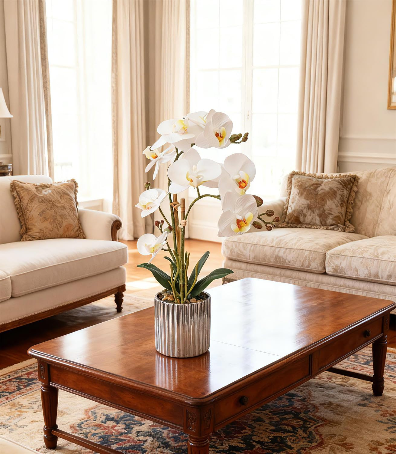 Realistic White Orchid Plant in Silver Vase – Elegant Home Decor Centerpiece