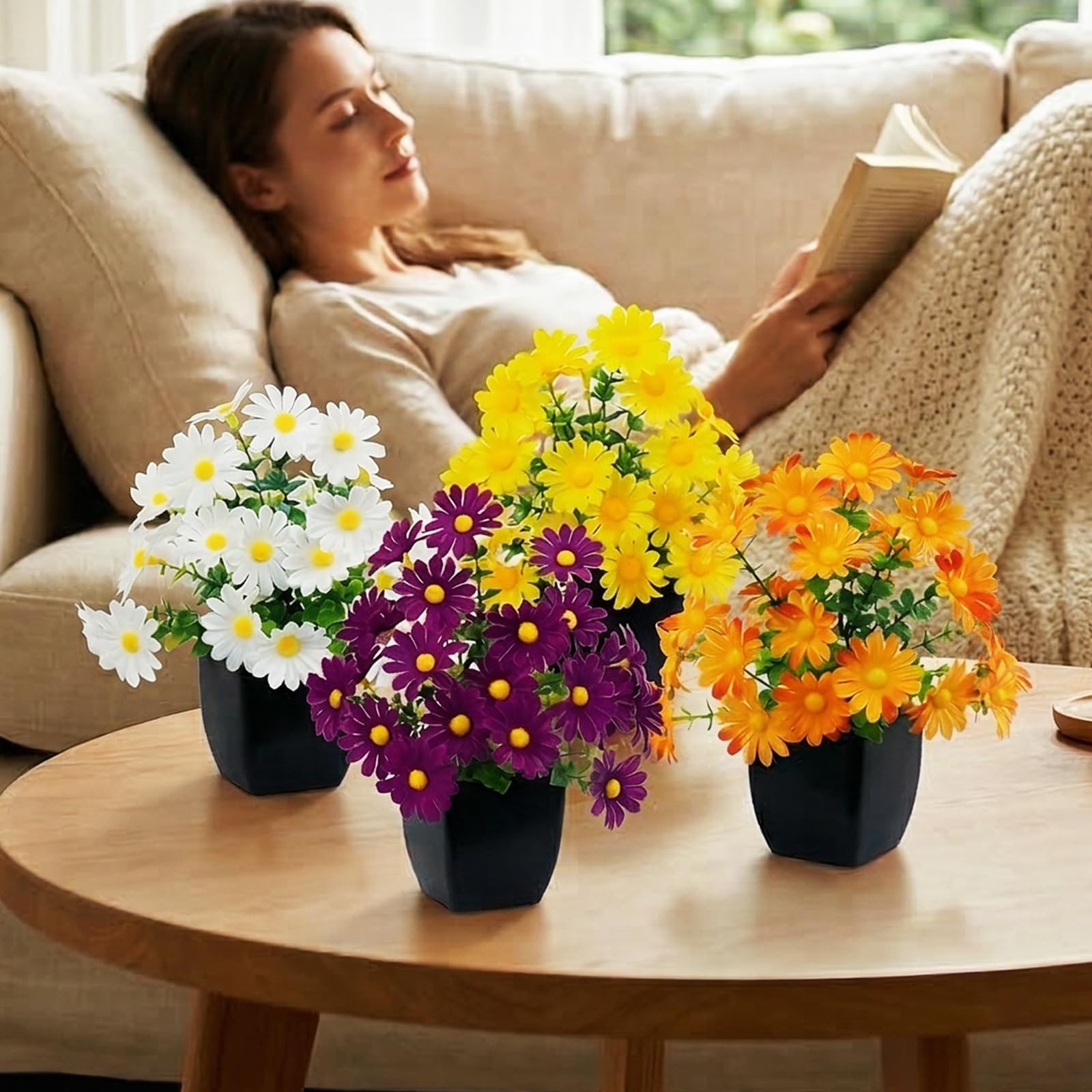 4 Pack Small Faux Plants Spring Artificial Daisy Flowers Fake Plants Indoor B…
