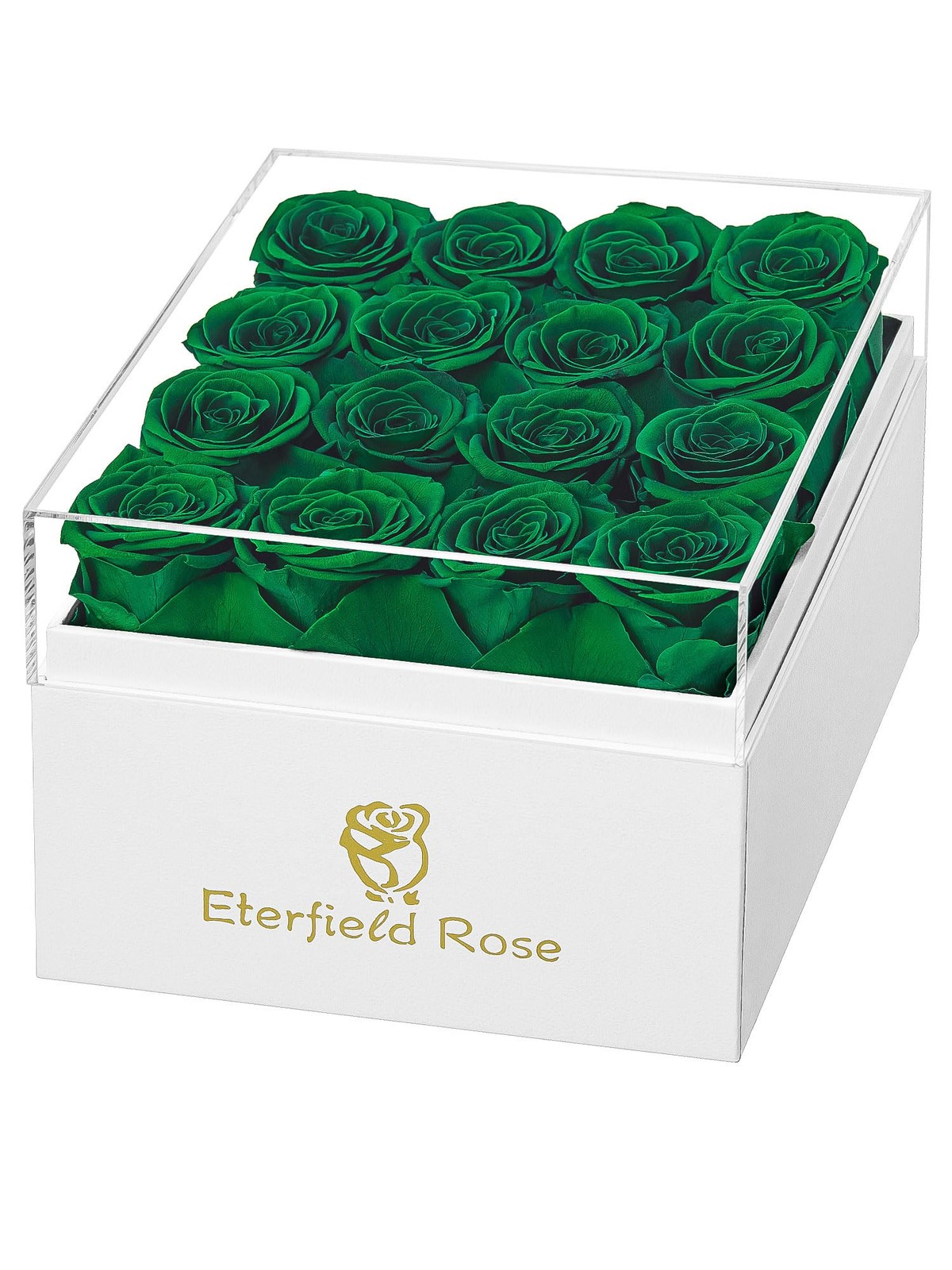 16 PCS Blackish Green Preserved Roses Forever Flowers Square White Box Gift