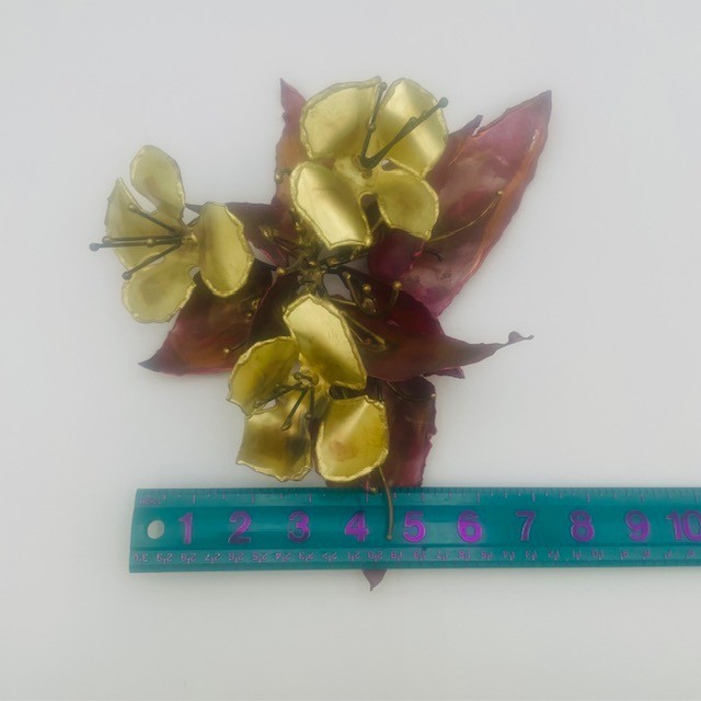 Vintage Gold Red Flowers & Leaves Copper Brass Metal Sculptures – 3 Pcs