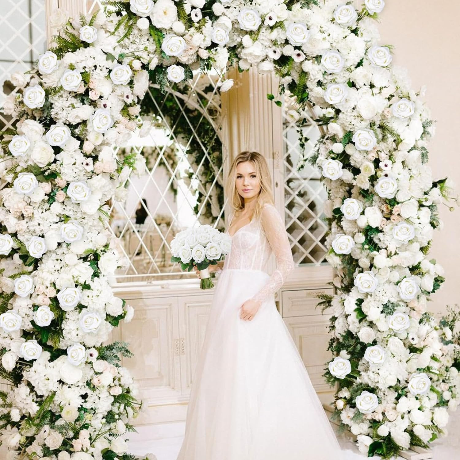 100 Pcs Real Touch White Velvet Roses for Weddings & DIY Decor