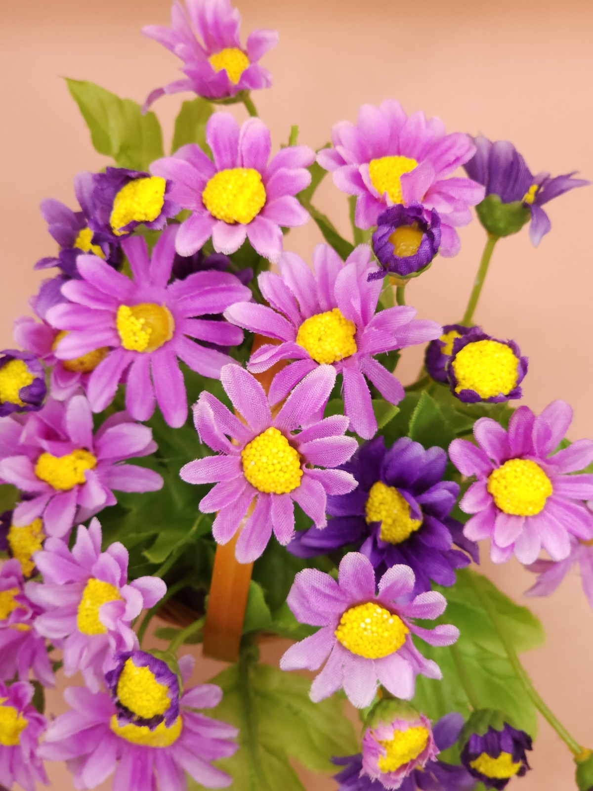 Vibrant Purple & Yellow Daisy Faux Floral Arrangement in Wood Woven Basket