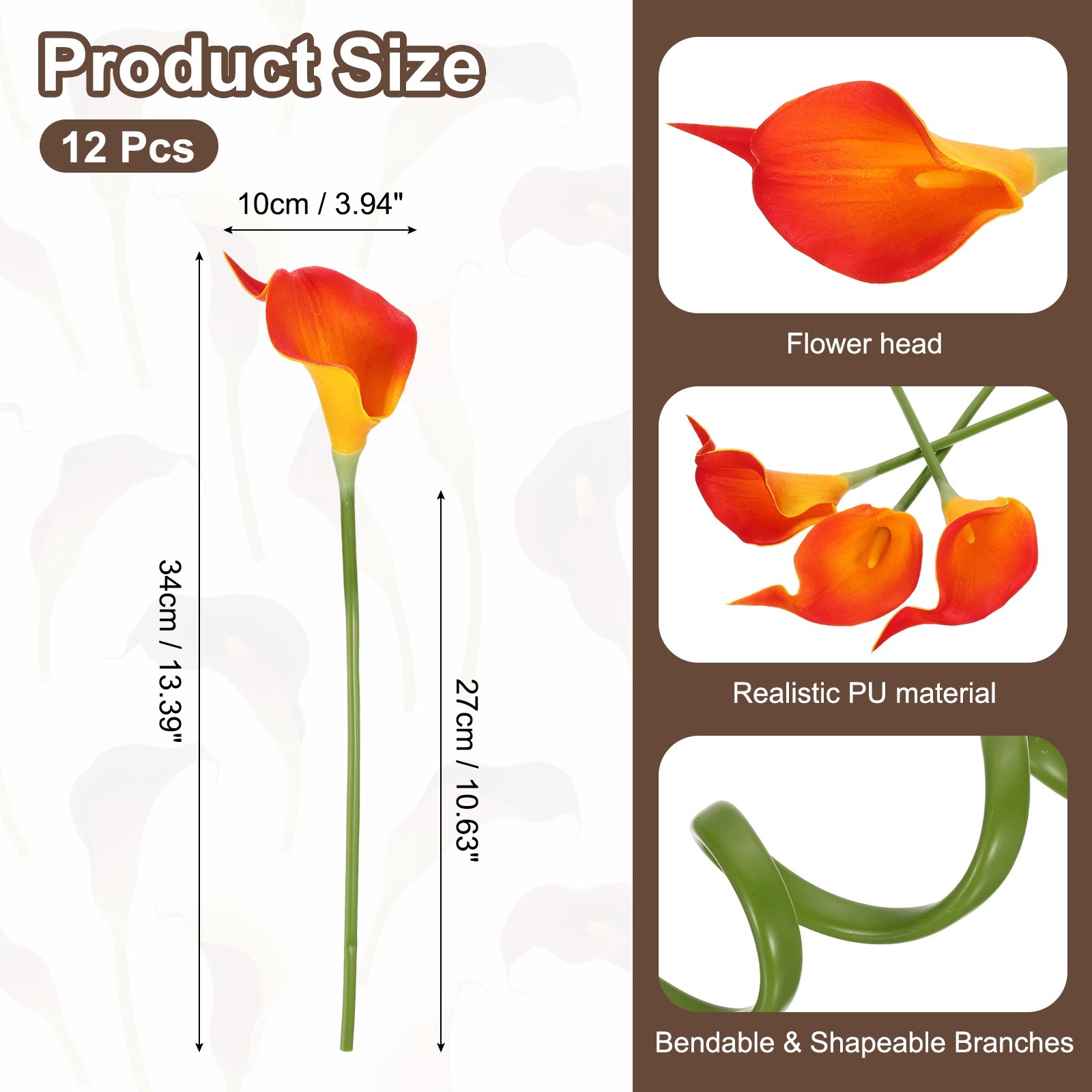 12Set 13 Inch Artificial Calla Lily Fake Flowers Real Touch Orange/Yellow