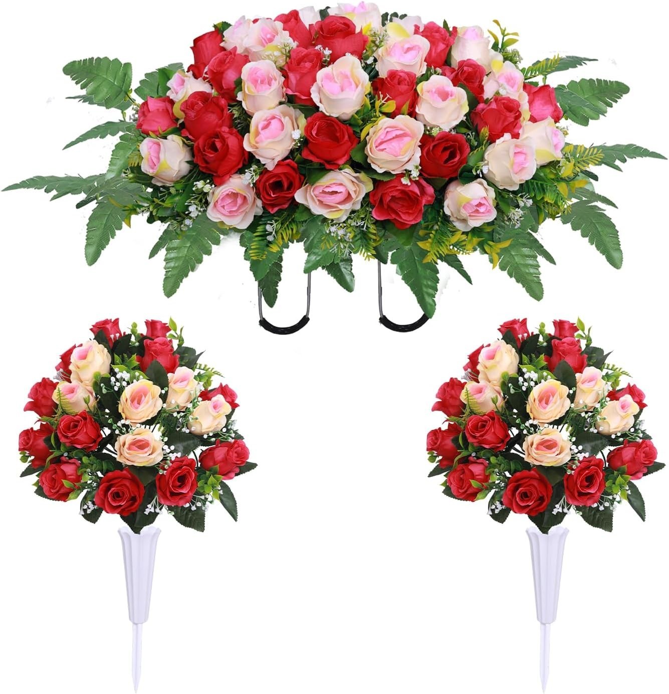 3 Pcs Artificial Cemetery Flower Saddles, Rose Headstone Flower Saddle,Cemete…
