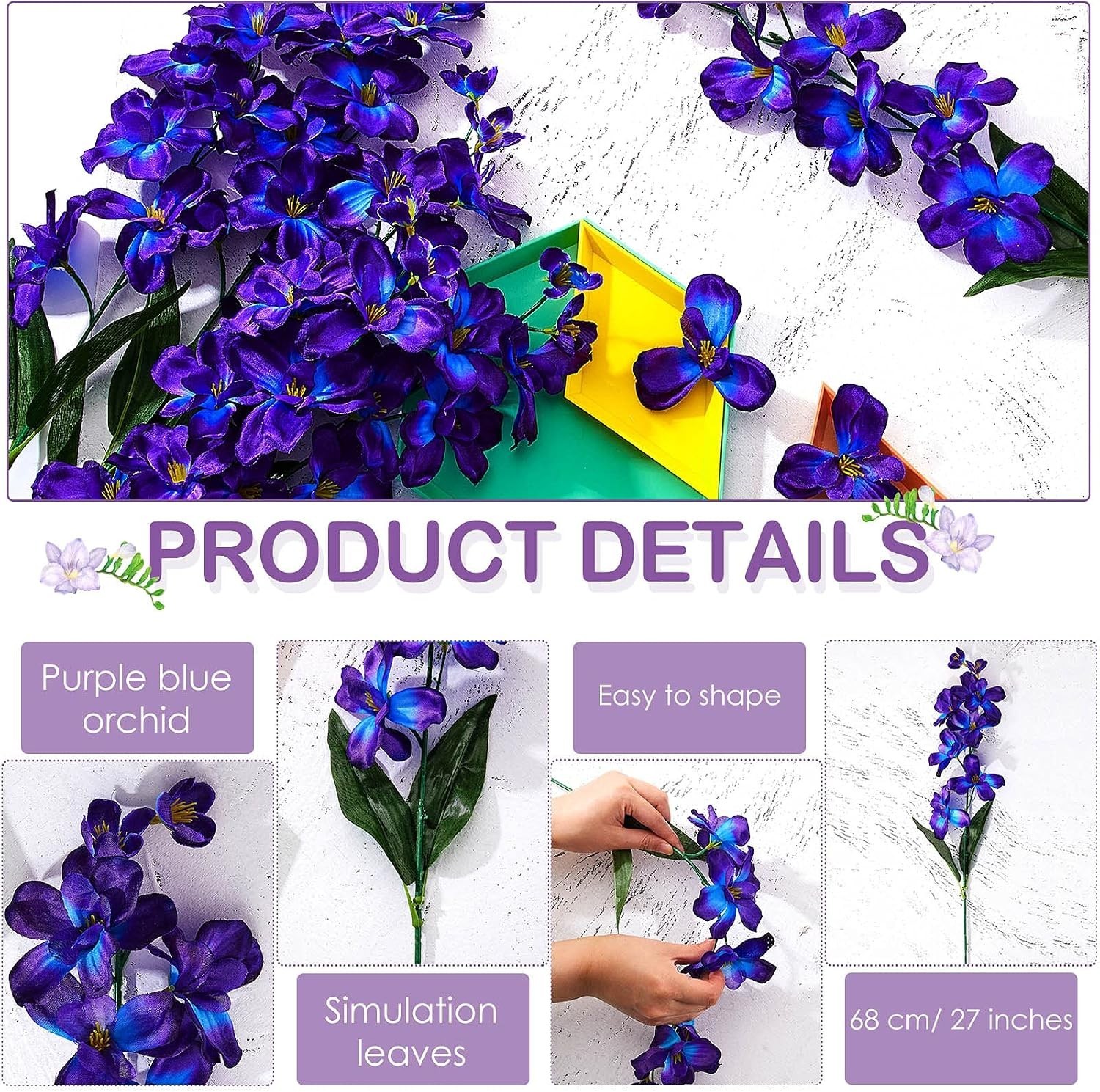 8 Pieces 27 Inches Artificial Purple Blue Orchid Faux Flowers Purple Orchids Sil