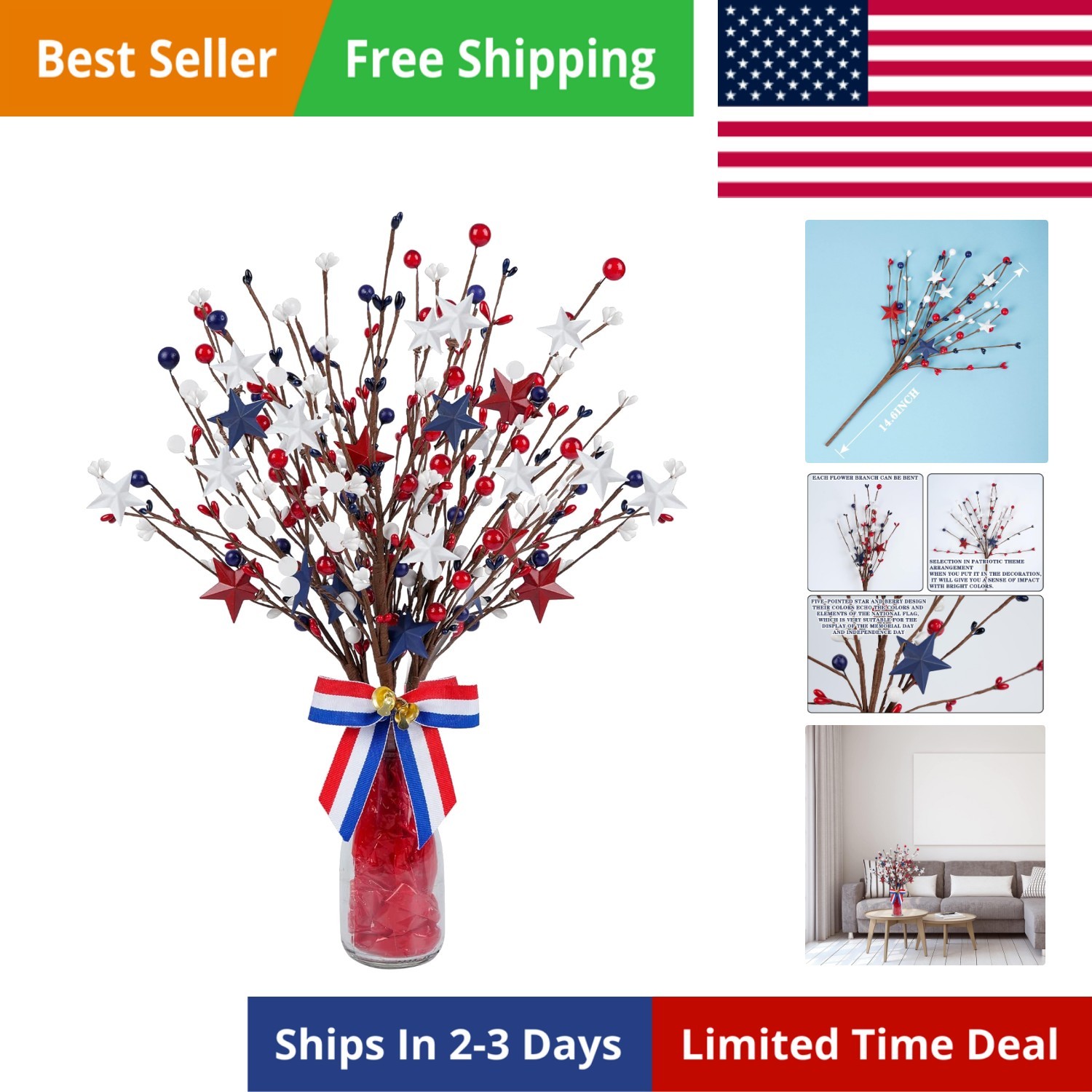 4 Pack Patriotic Artificial Berry Stem Picks White Blue Red Stars for 4th of …