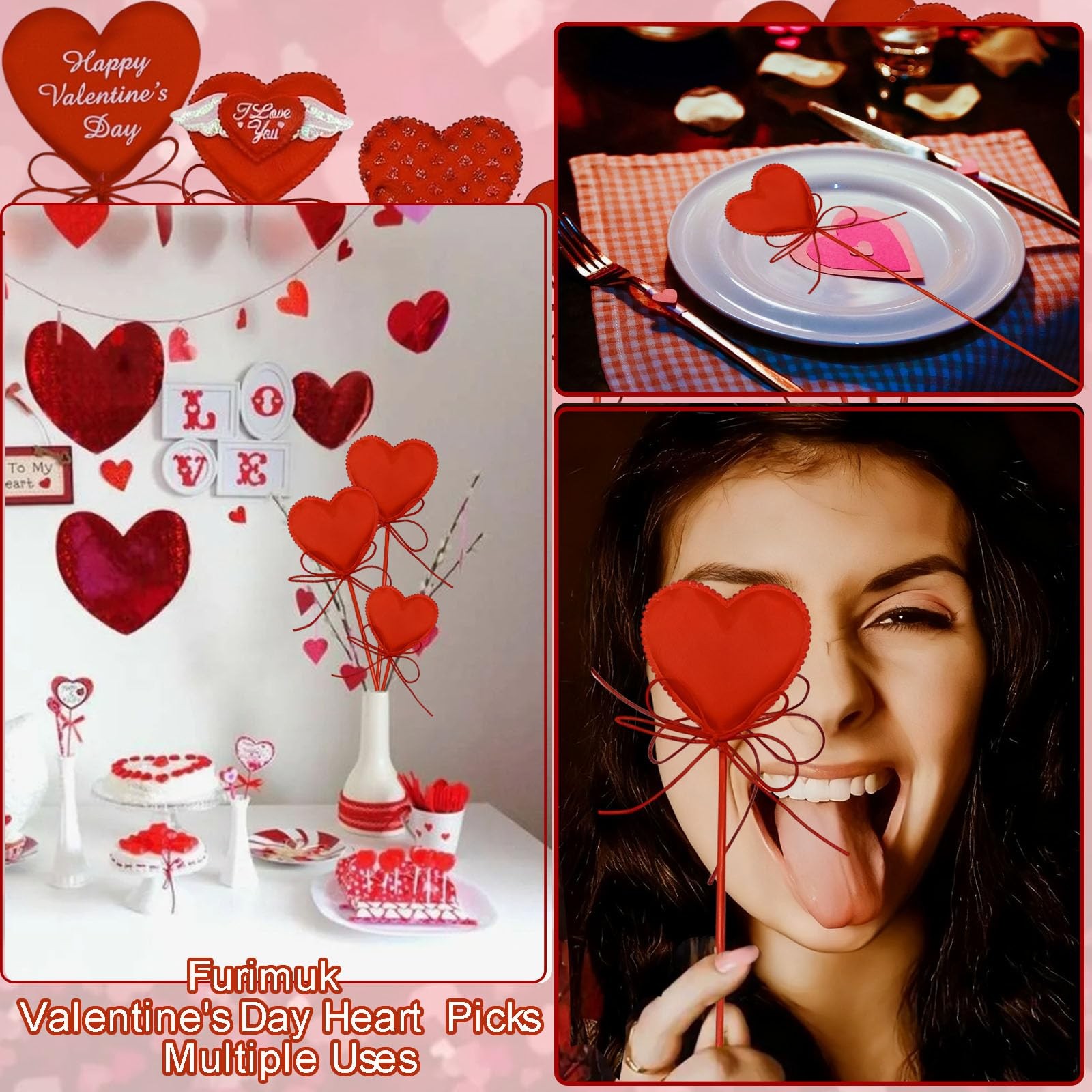 Valentine’s Day Red Heart Picks Puffy Floral Sticks Heart on Sticks for Weddi…