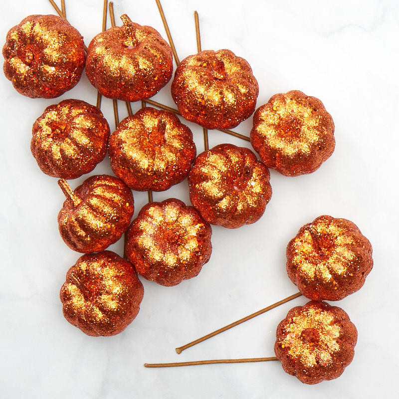 Package of 12 Orange Glittered Autumn 3″ Diam Pumpkin Picks