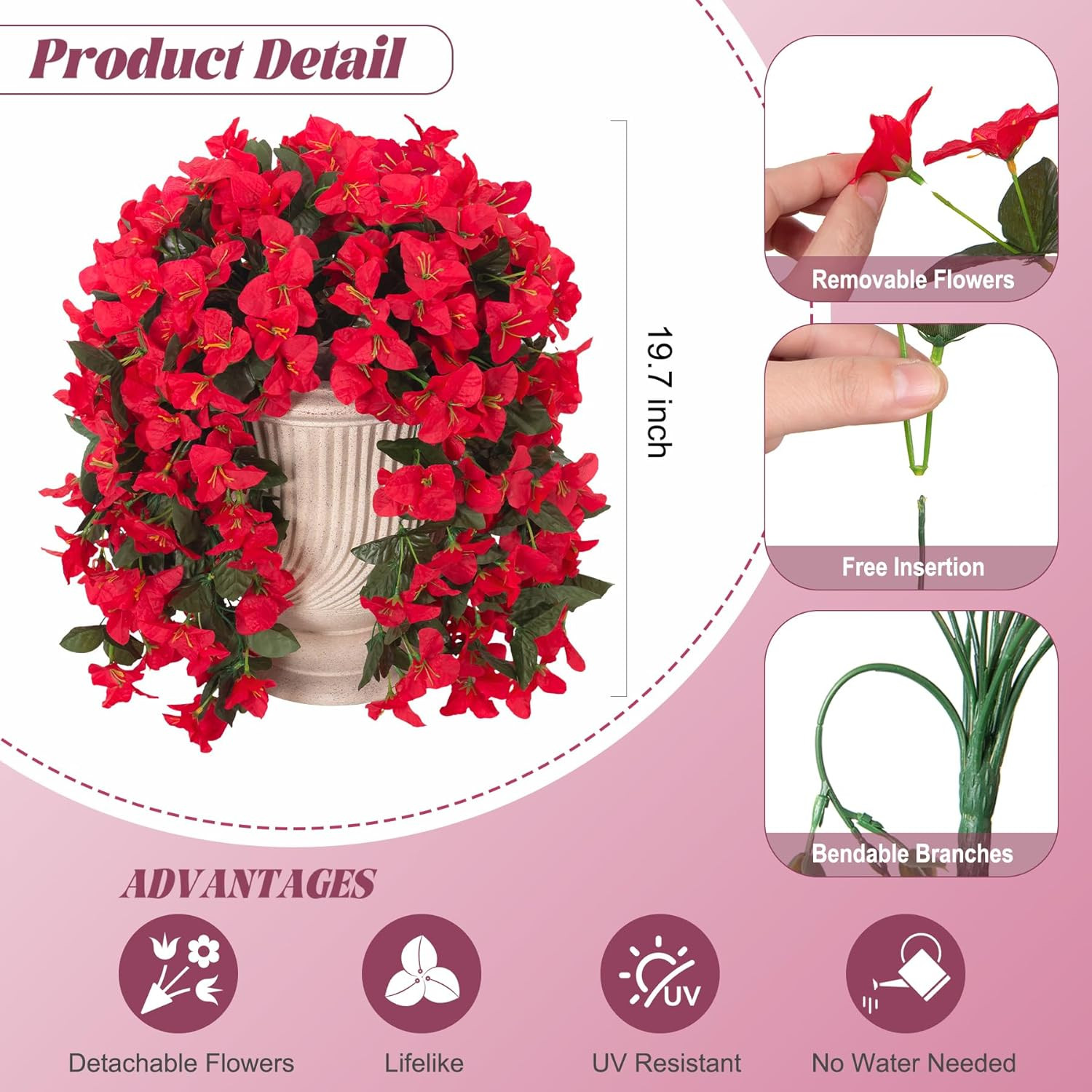2 Pcs Artificial Faux Bougainvillea Flowers Plants for Outdoor outside Summer De