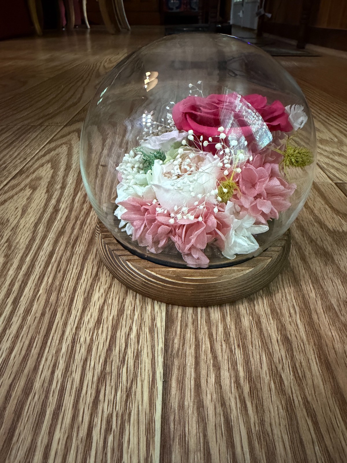 PRESERVED PINK AND RED ROSES IN A LED GLASS LIT DOME W/ORGINAL BOX