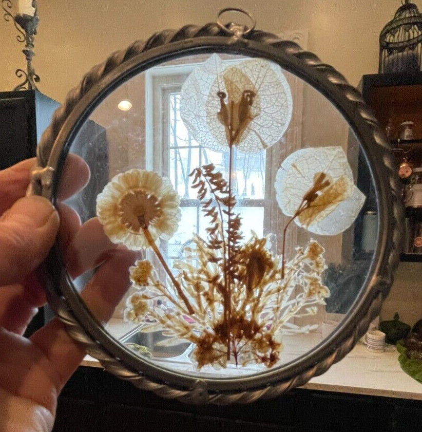 Vintage Lasting Impressions Real Dried Pressed Flowers In Glass W/ Metal Frame
