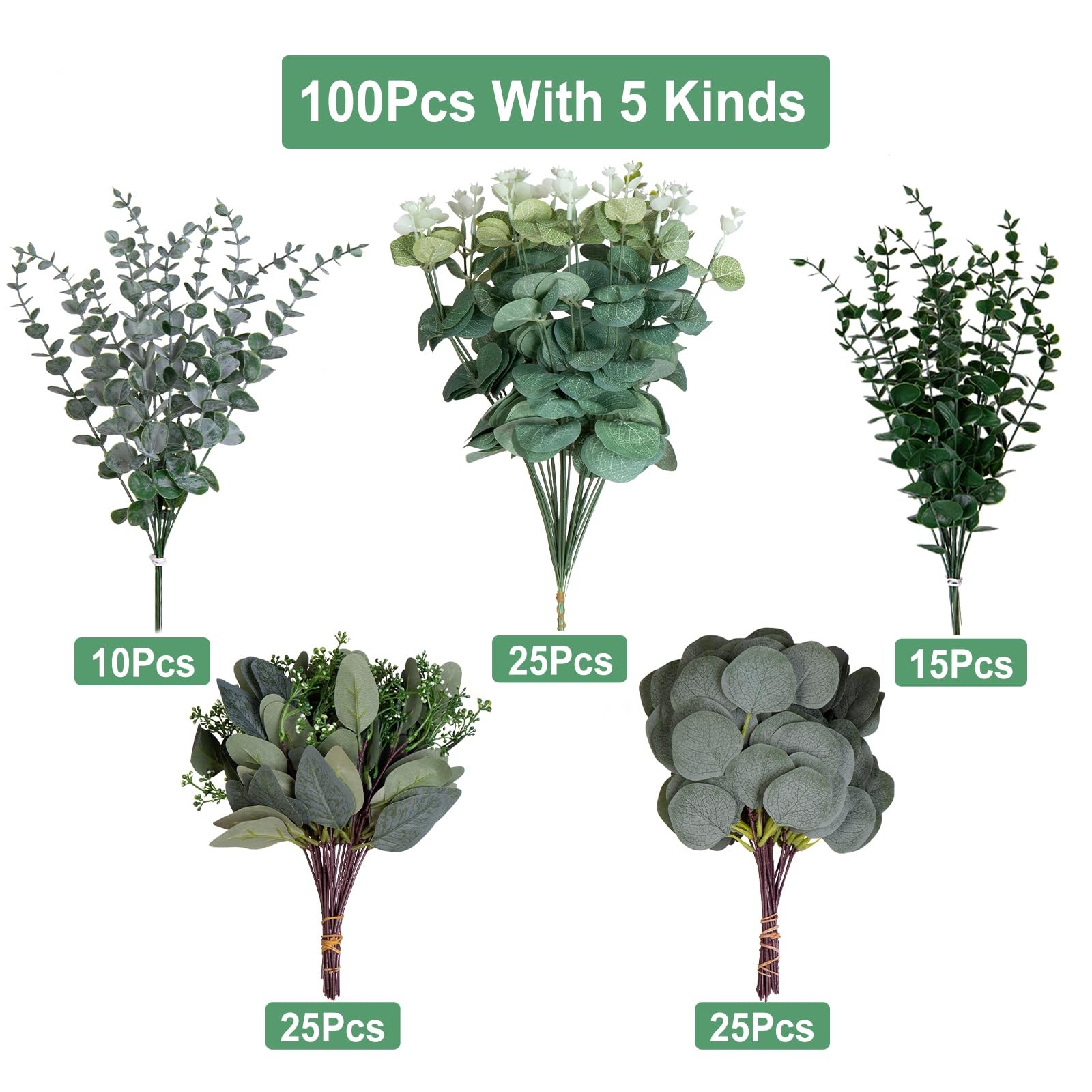 100 Pcs Mixed Artificial Eucalyptus Leaves Stems Bulk