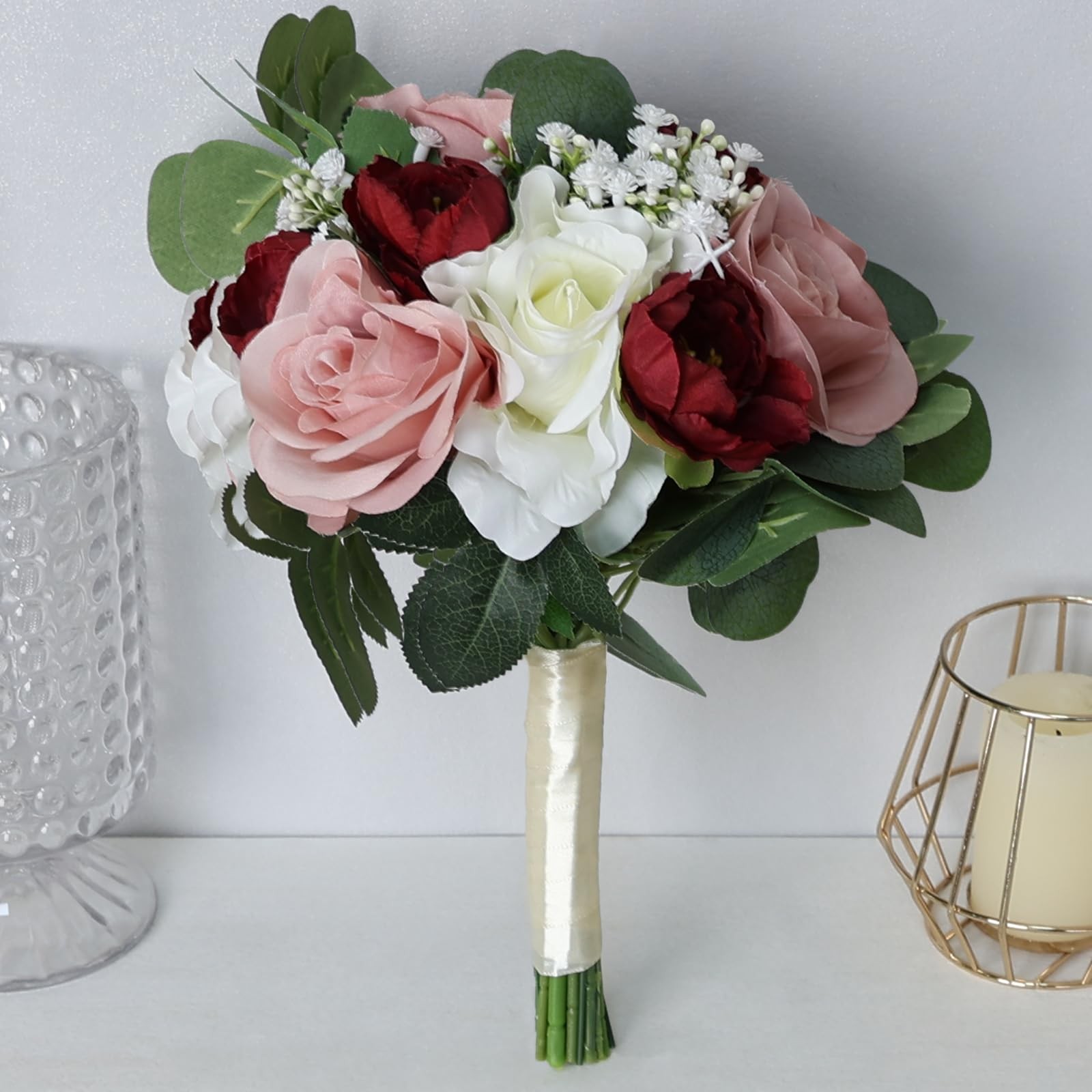 11 Inch Dusty Pink & Burgundy Silk Rose Peony Bridesmaid Bouquets Decor