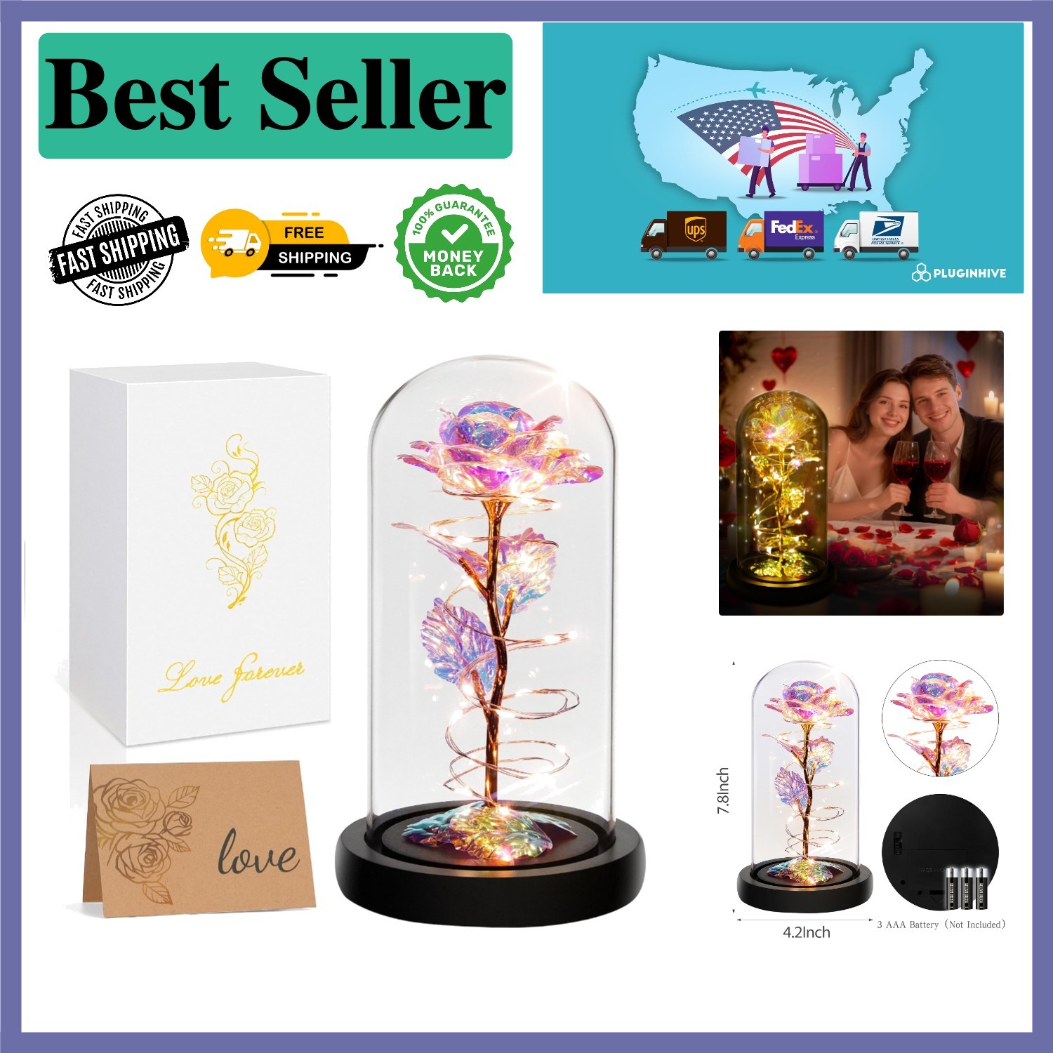 Eternal Rainbow Rose Gift with LED Lights in Glass Dome – Timeless Love Symbol