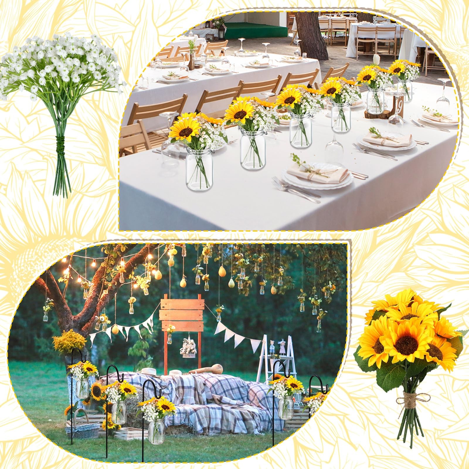 FoldTier 108 Pcs/12 Sets Sunflower Mason Jar Wedding Aisle Decorating Kit Rus…
