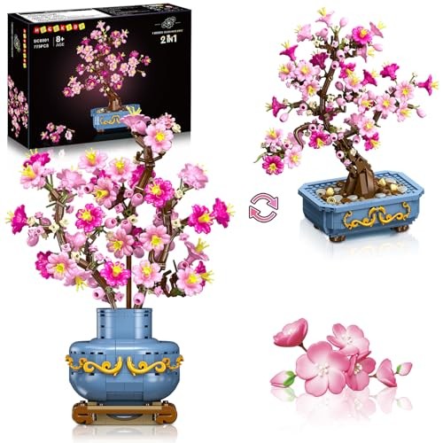 Flowers Cherry-Blossom Bonsai Building Set – 2 in 1 Artificial Bonsai Tree